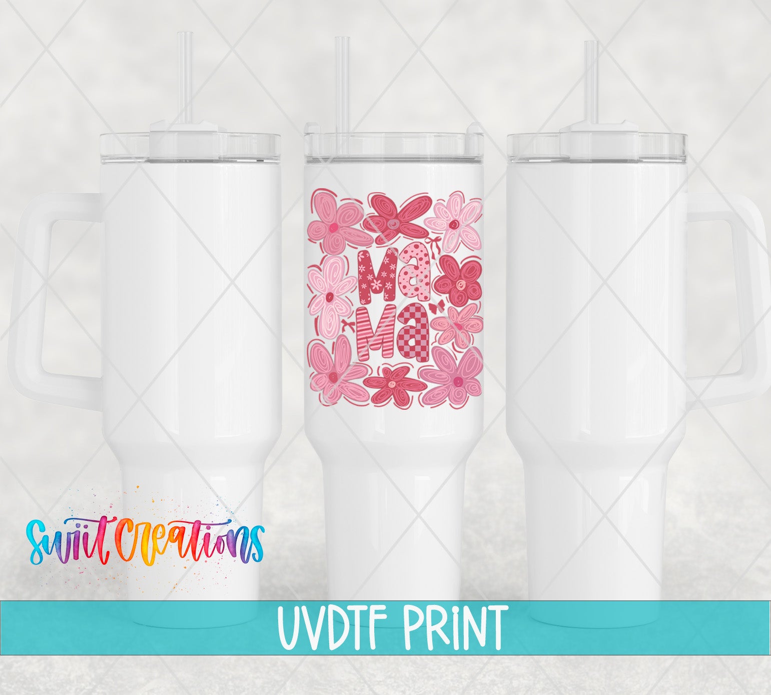 three white tumbles with pink flowers on them