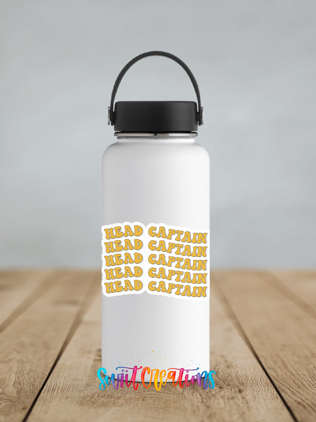 A white water bottle with a black handle and a repeating text design on its surface, placed on a wooden surface.