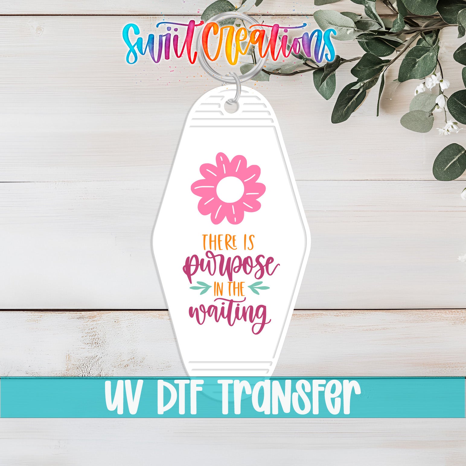 A keychain with a flower design and text that says "There is purpose in the waiting"
