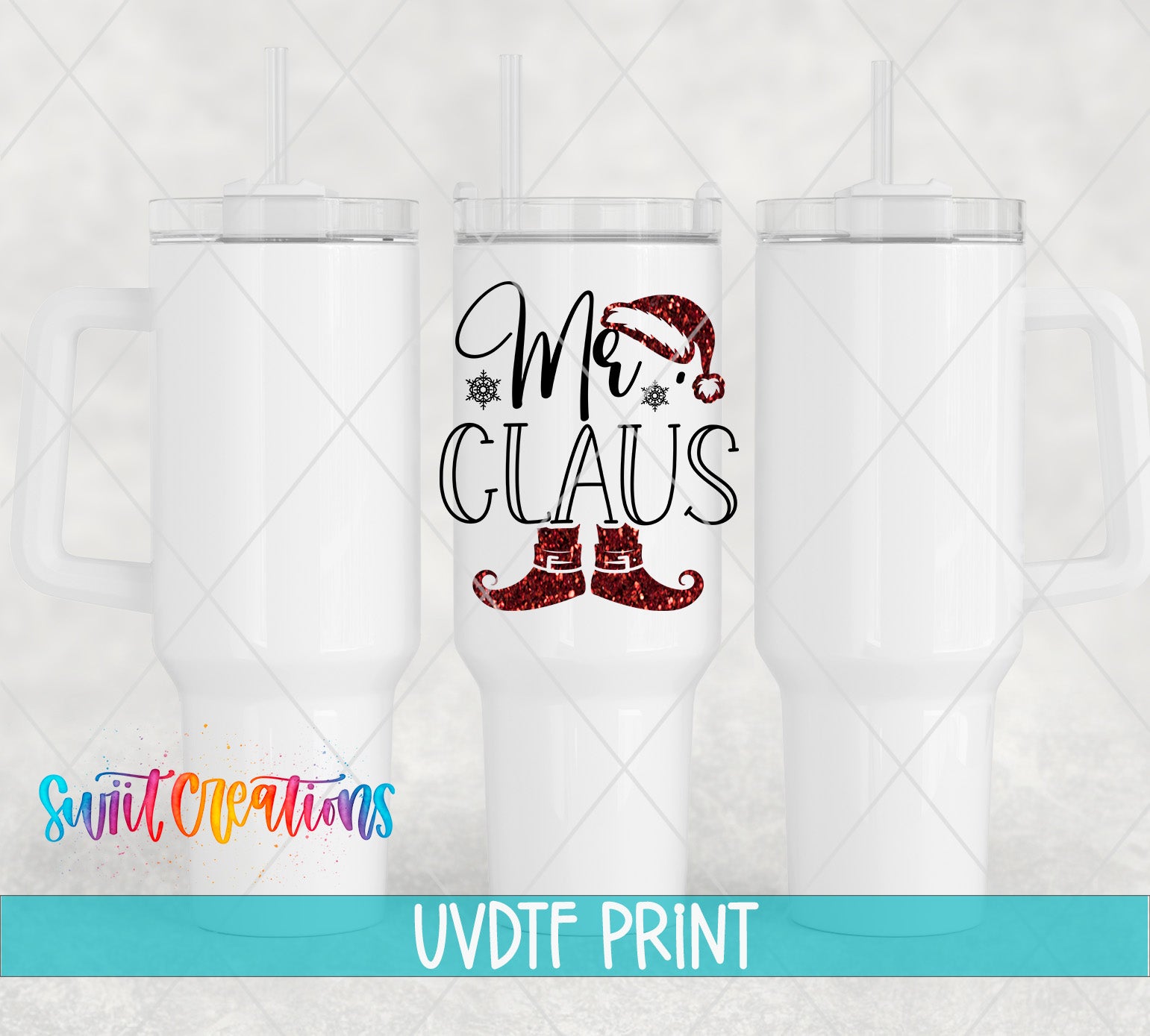 three white tumblers with a printed design on them, including a Santa Claus hat and the text "Mr. Claus".