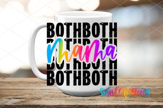 a white coffee mug with the words, both both in rainbow and black