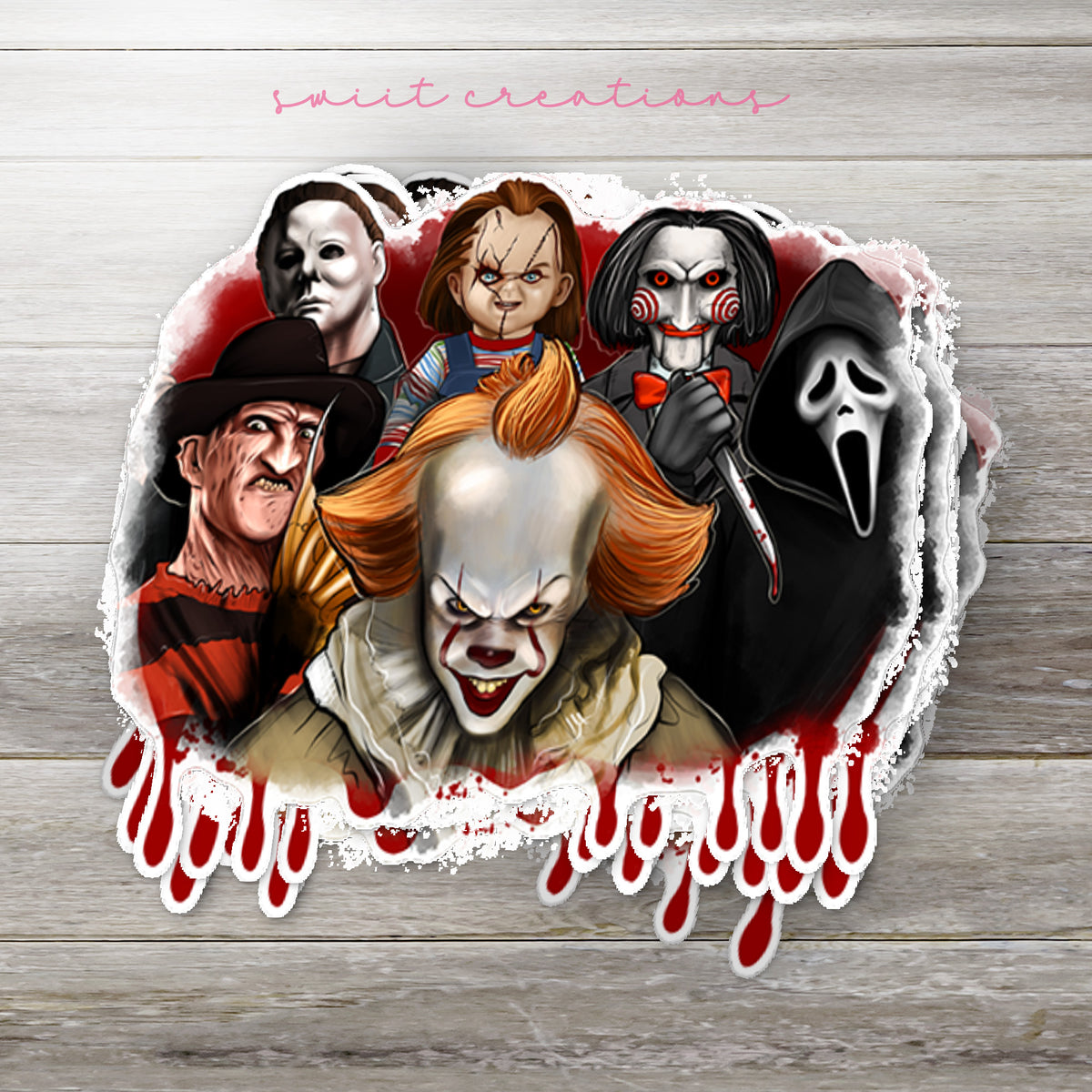 Stack of Horror Movie Villains glossy stickers on a gray wood table