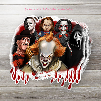 Stack of Horror Movie Villains glossy stickers on a gray wood table