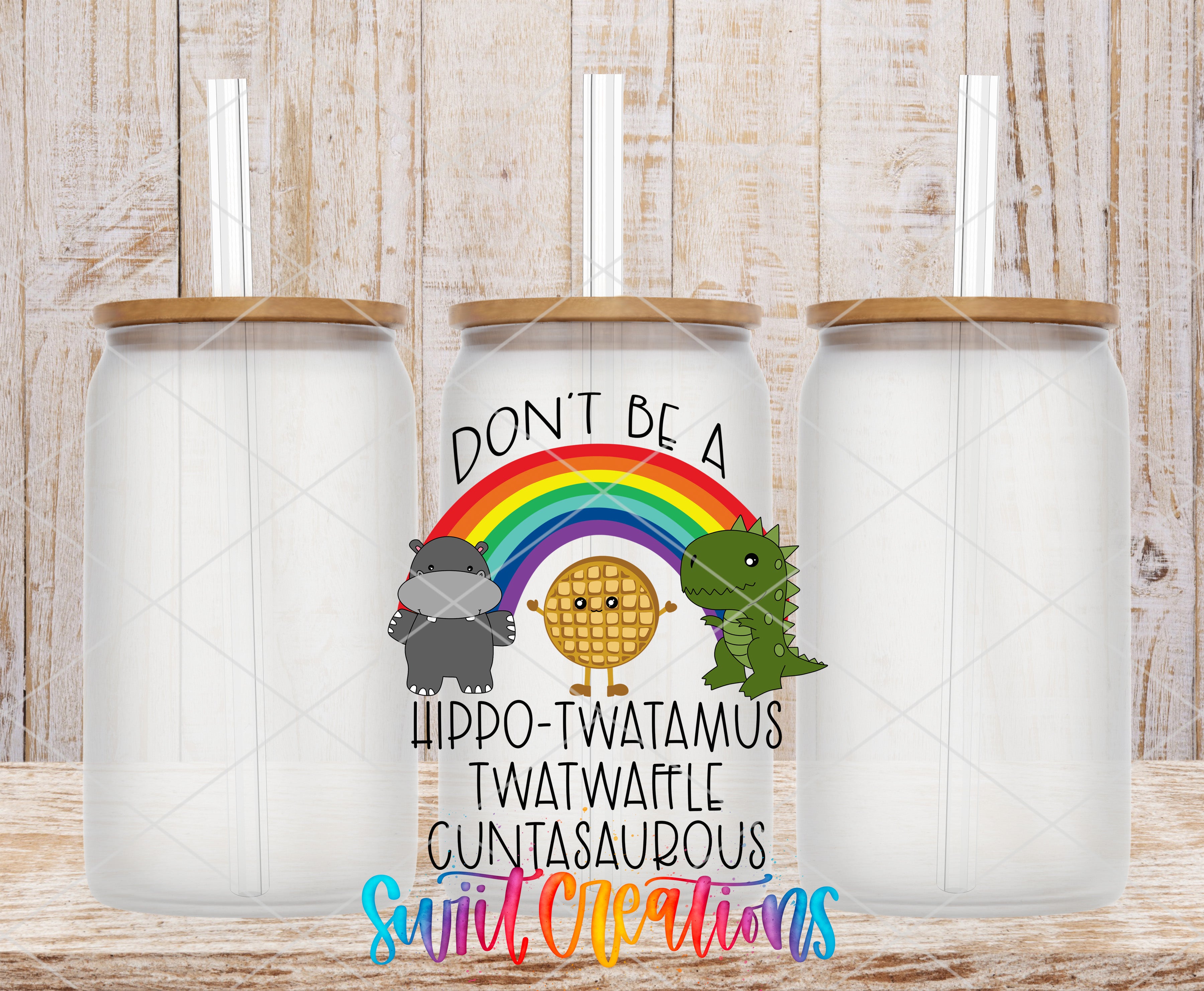 a white can with a rainbow graphic and text, along with three straws, all placed on a wooden surface.