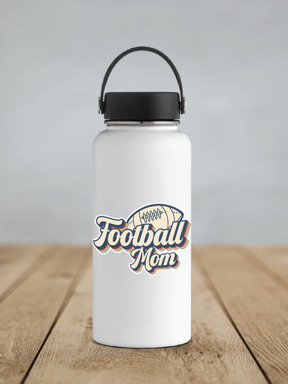 Football Mom sticker on a white insulated water bottle
