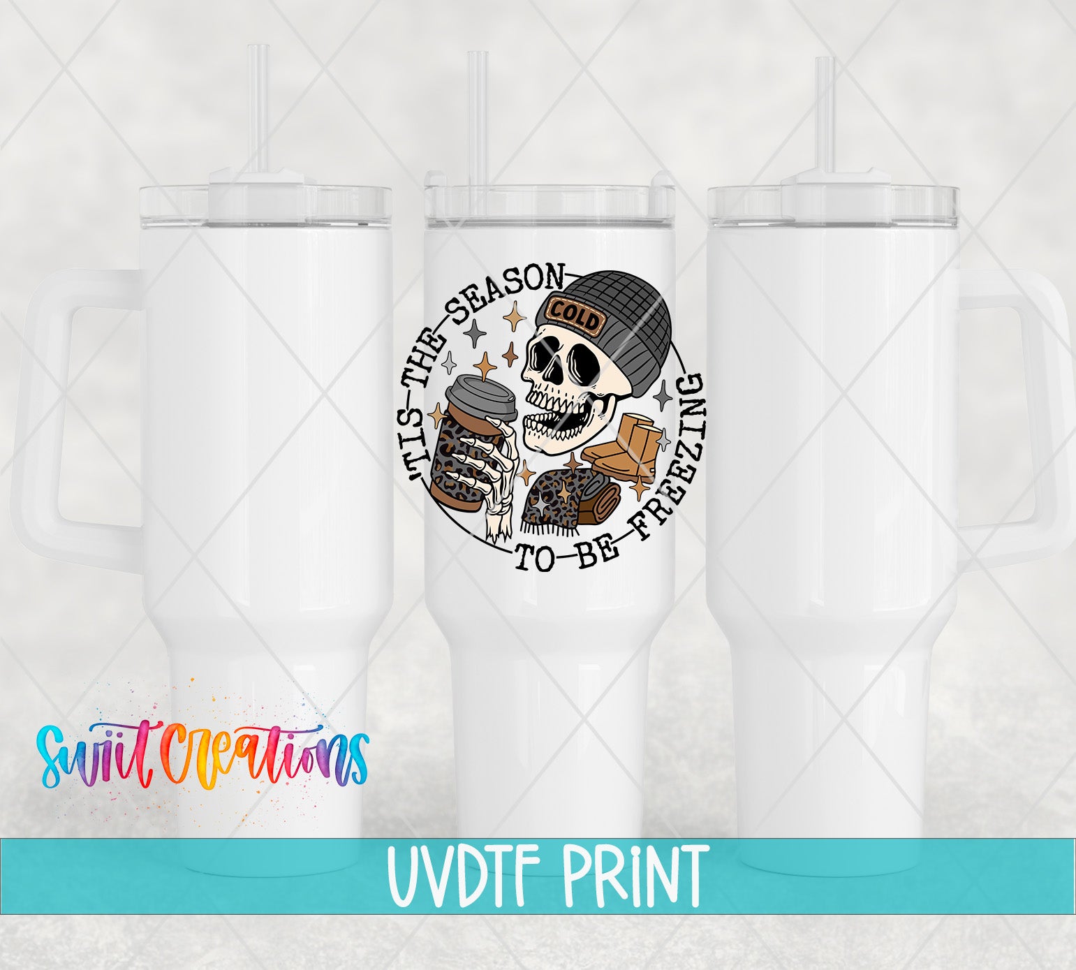 a set of three white tumblers with a skull on them