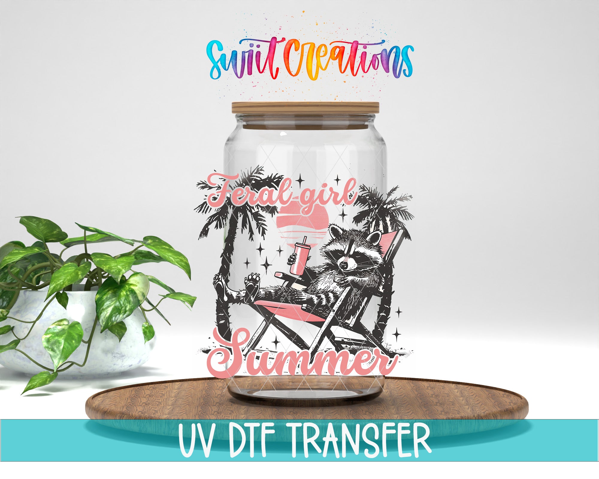 a glass jar with a raccoon sitting in a beach chair, surrounded by palm trees and a beach scene, with the text "Feral Girl Summer" and "Swift Creations" written on it.