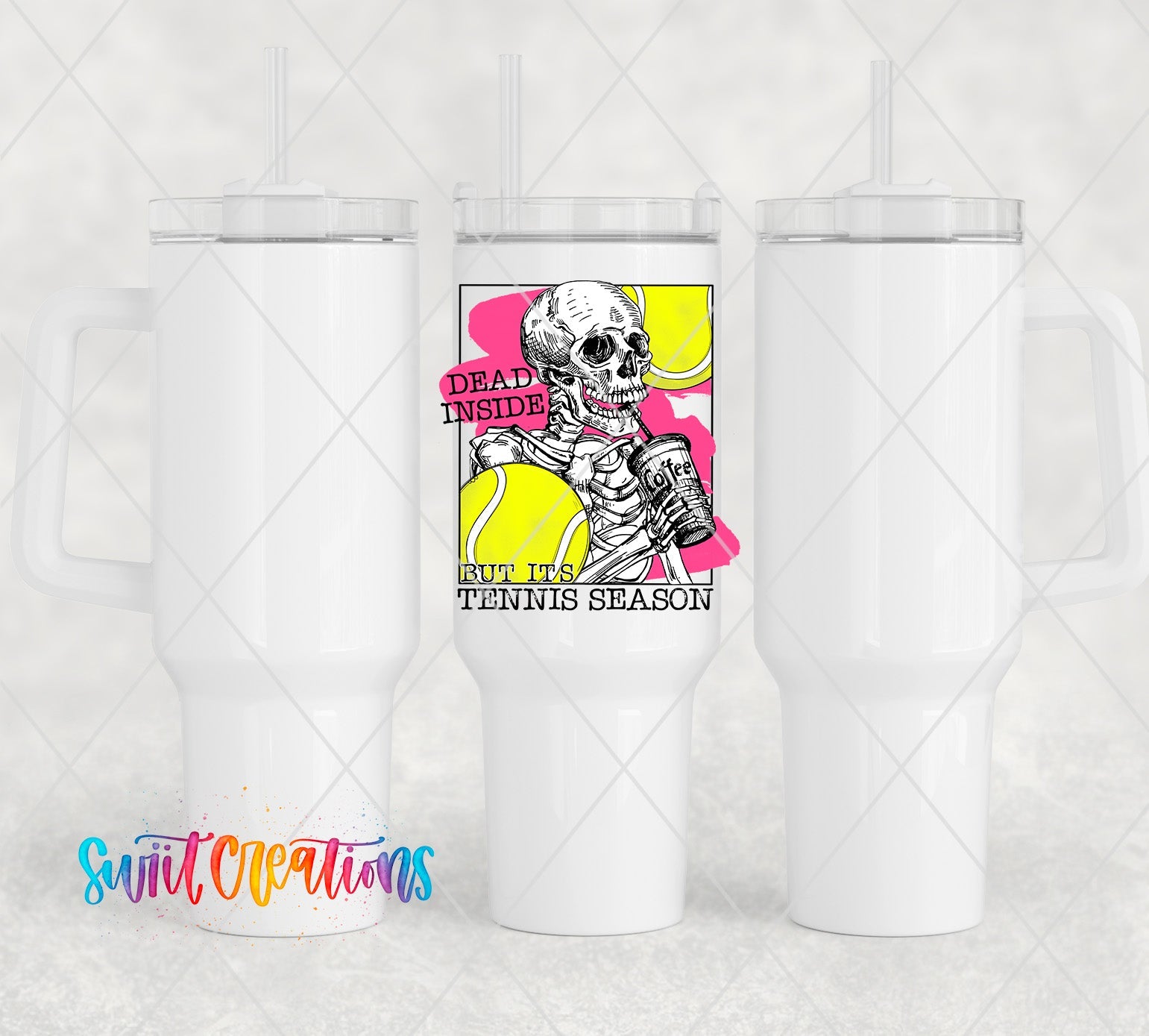 a white tumbler cup with a skeleton on it