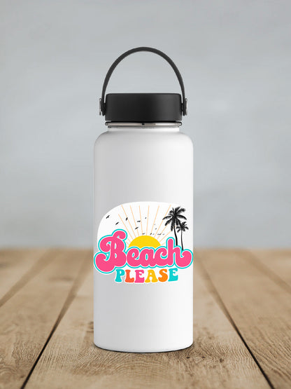 Beach Please sticker on a white insulated water bottle