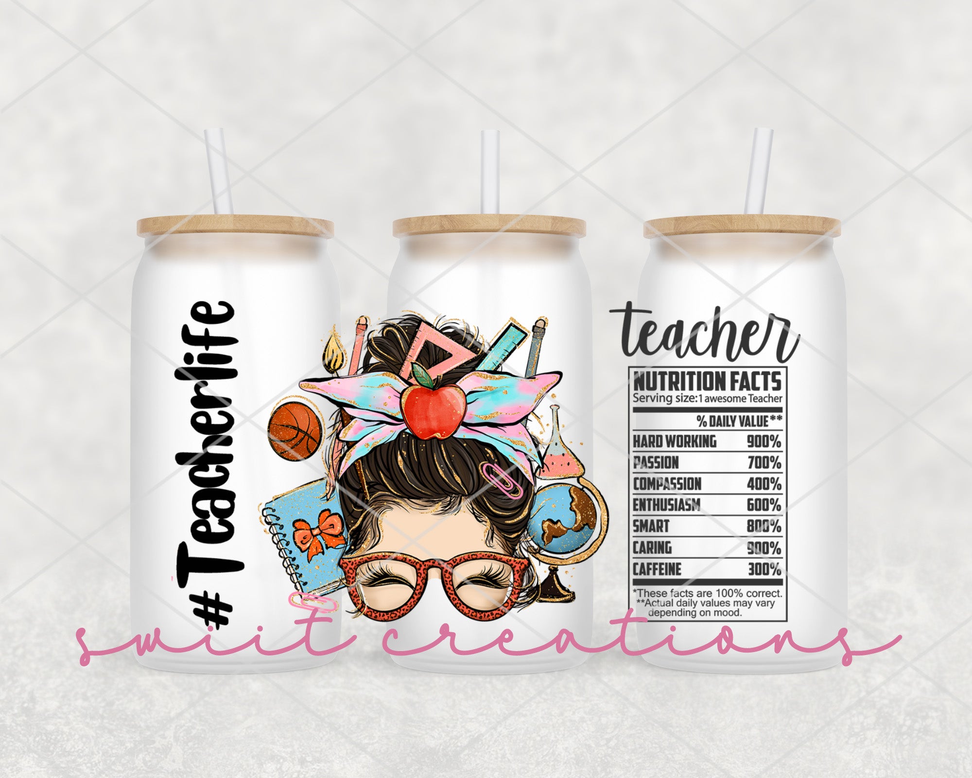 two cans of teacher appreciation drink with a girl's head and glasses on top