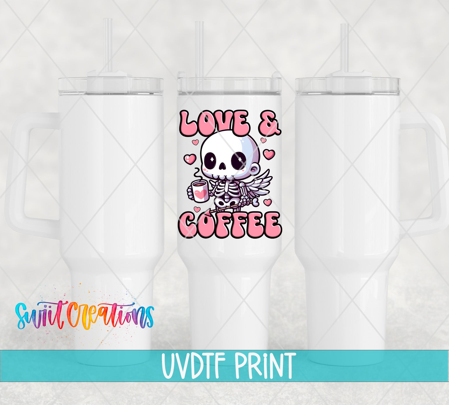 a white tumbler with a printed design on it, including a skeleton holding a coffee cup and the text "LOVE & COFFEE".