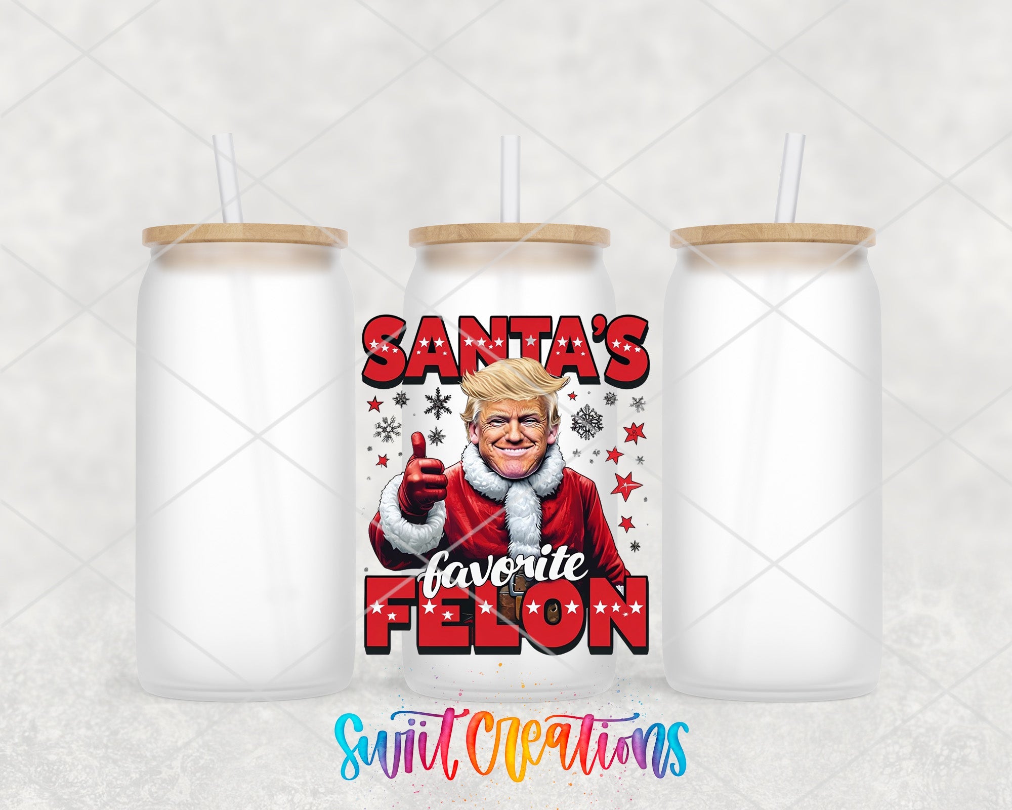 a couple of cups with a picture of a santa clause on them