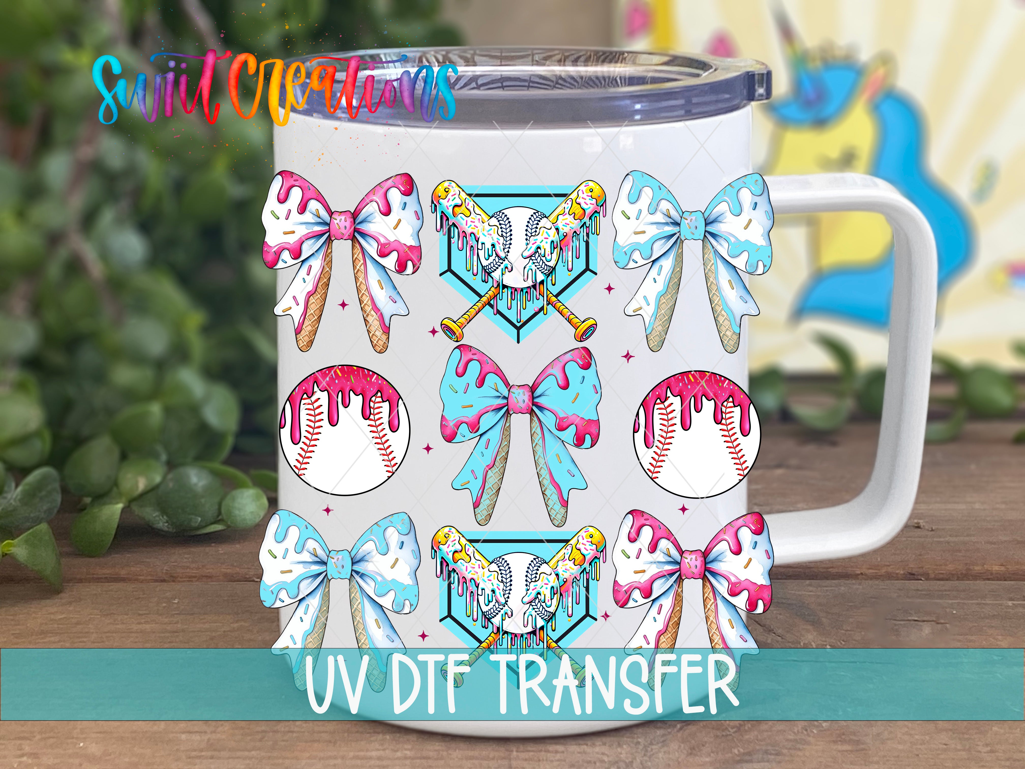 A white mug with a colorful design featuring various cartoon-style elements such as bows, baseballs, and other playful illustrations.