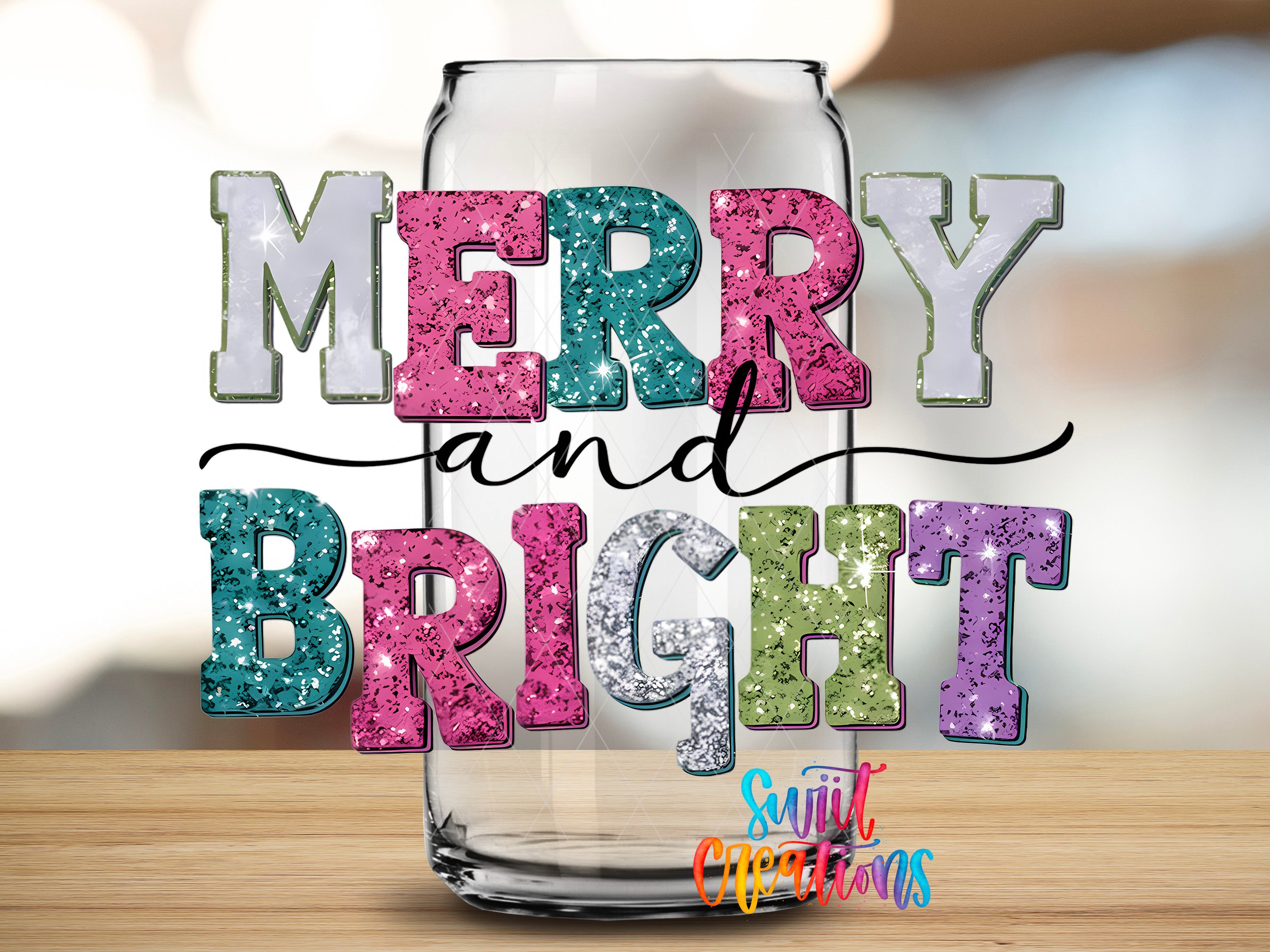 A glass jar with the text "MERRY and BRIGHT" written on it, along with a colorful, glittery design.