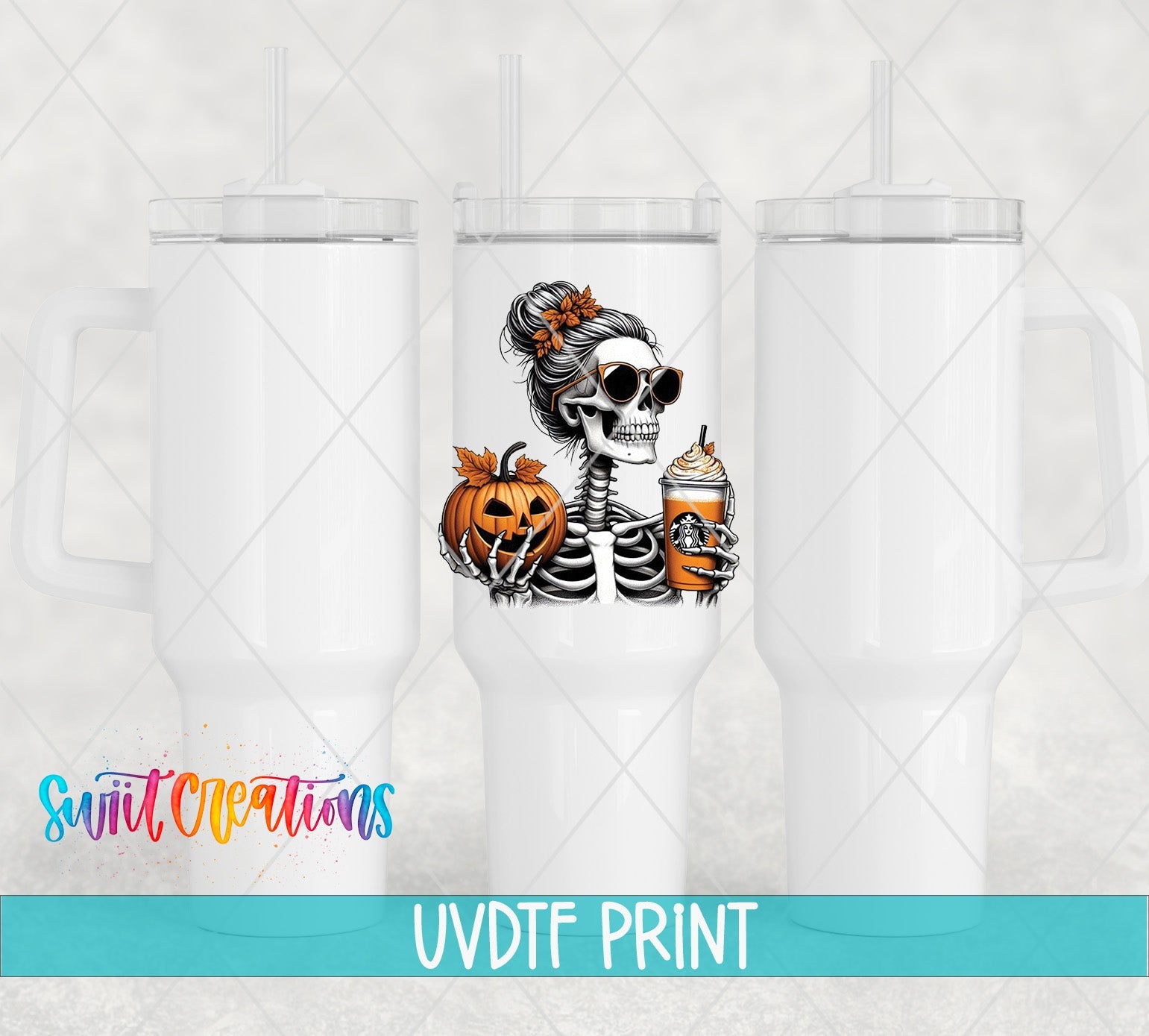 a white tumbler with a skeleton and pumpkins on it