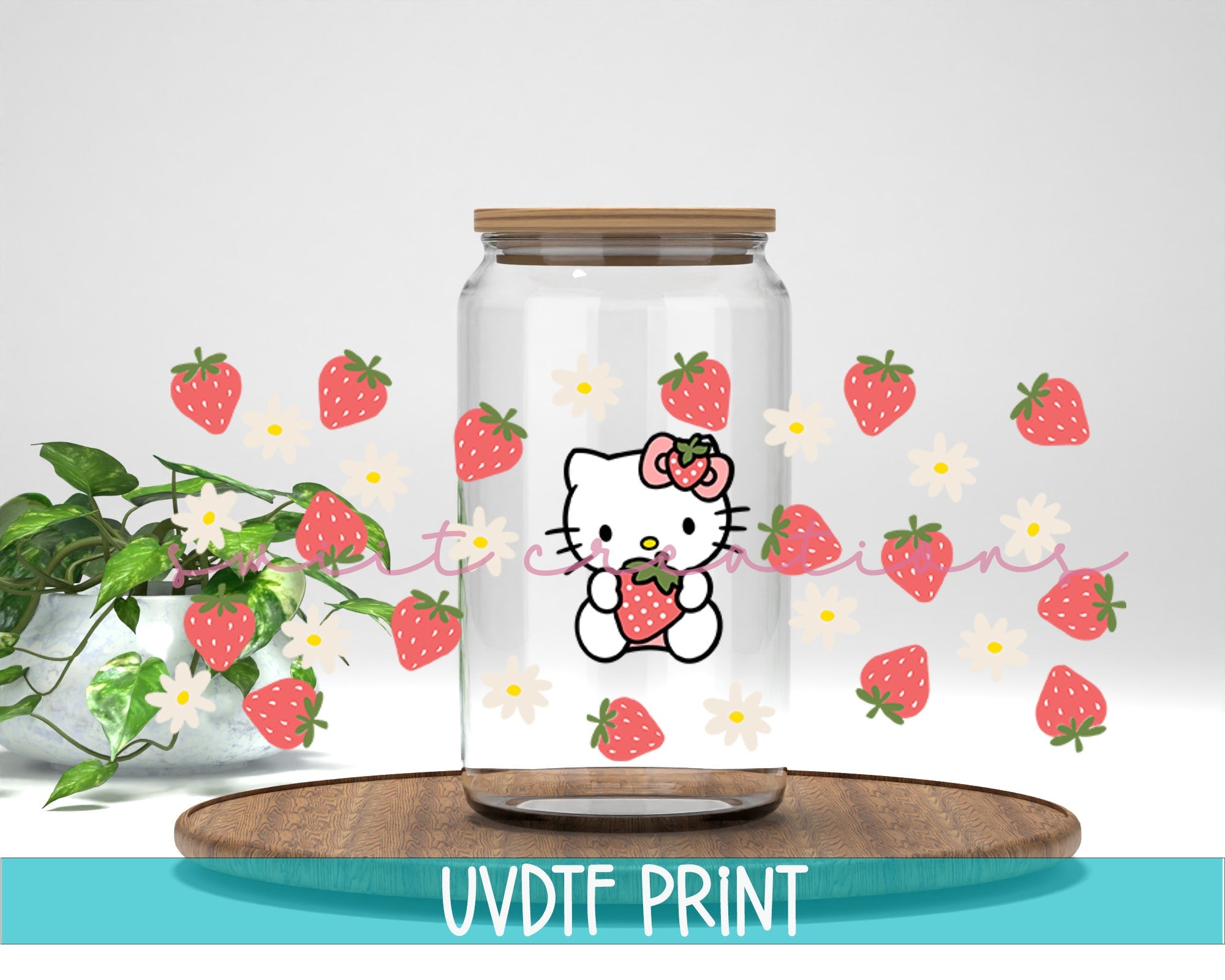 a glass jar with a hello kitty picture on it