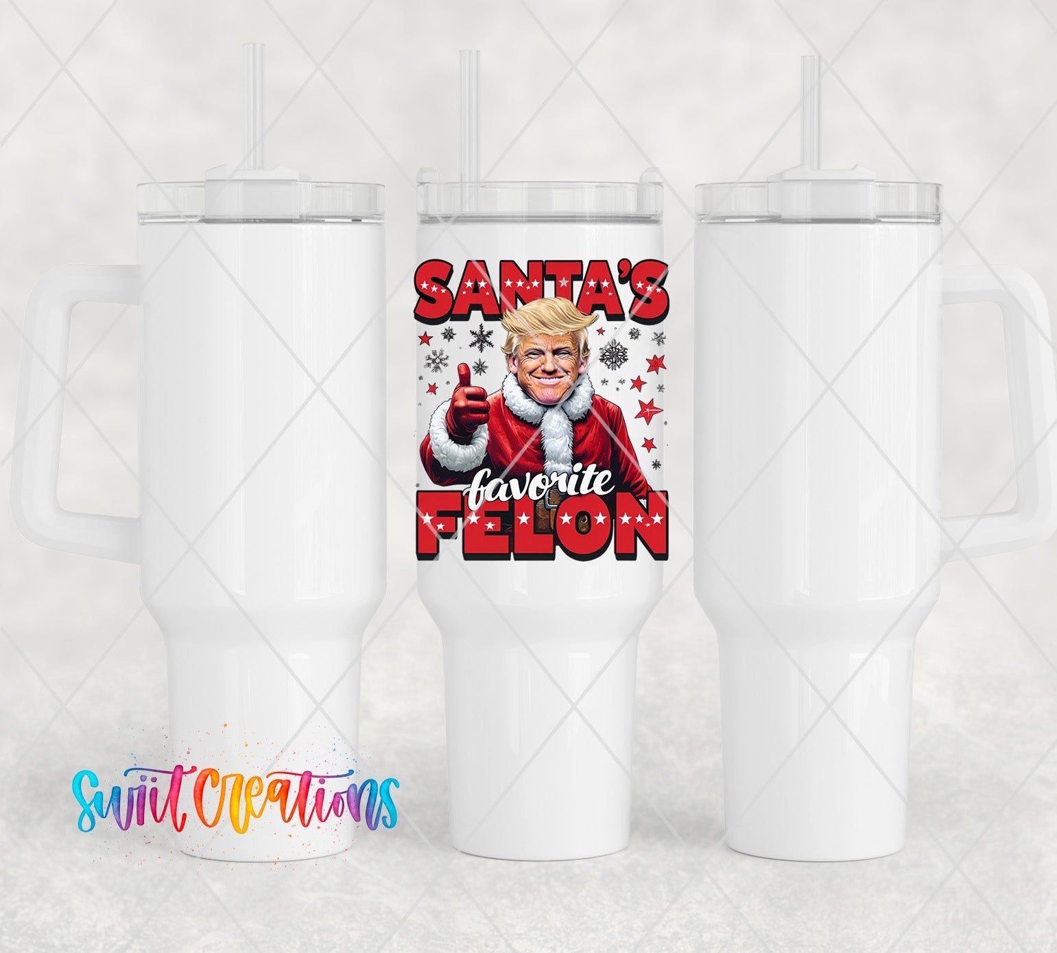 a white tumbler with a picture of a santa clause on it