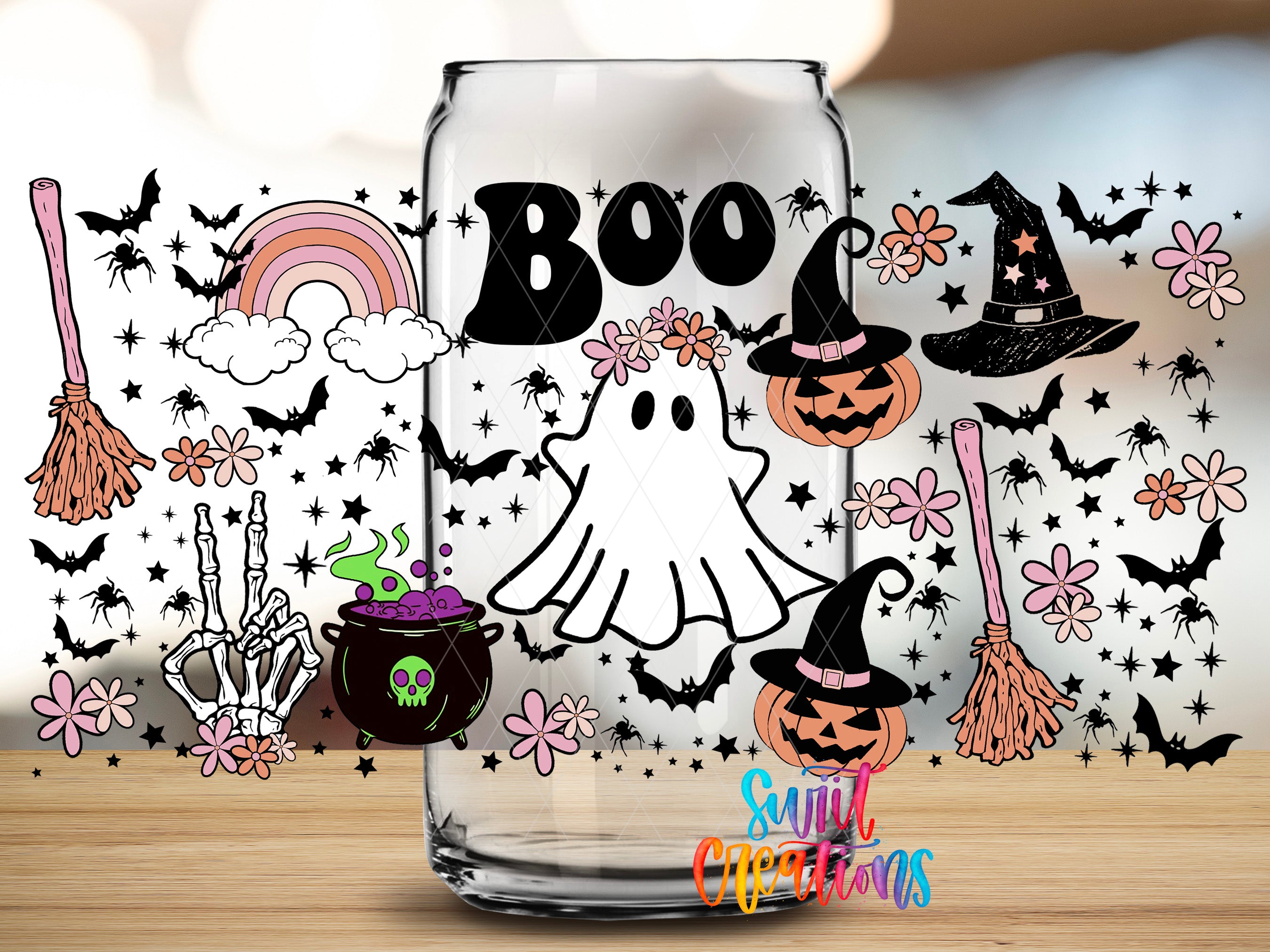 The image is a Halloween-themed collage featuring various spooky and festive elements such as a ghost, a witch's hat, a pumpkin, a broomstick, a rainbow, and a cauldron. The text "BOO" is prominently displayed in the center, and the phrase "Signal Christmas" is written at the bottom, suggesting a festive and seasonal theme.