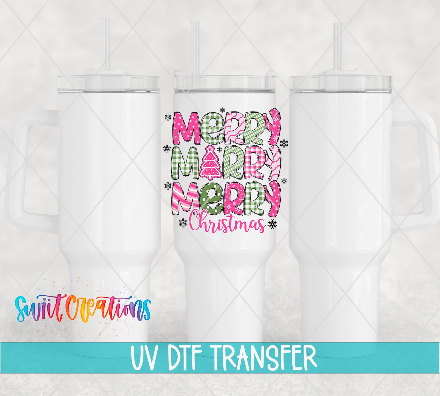 three white tumblers with a colorful, festive design on the front.