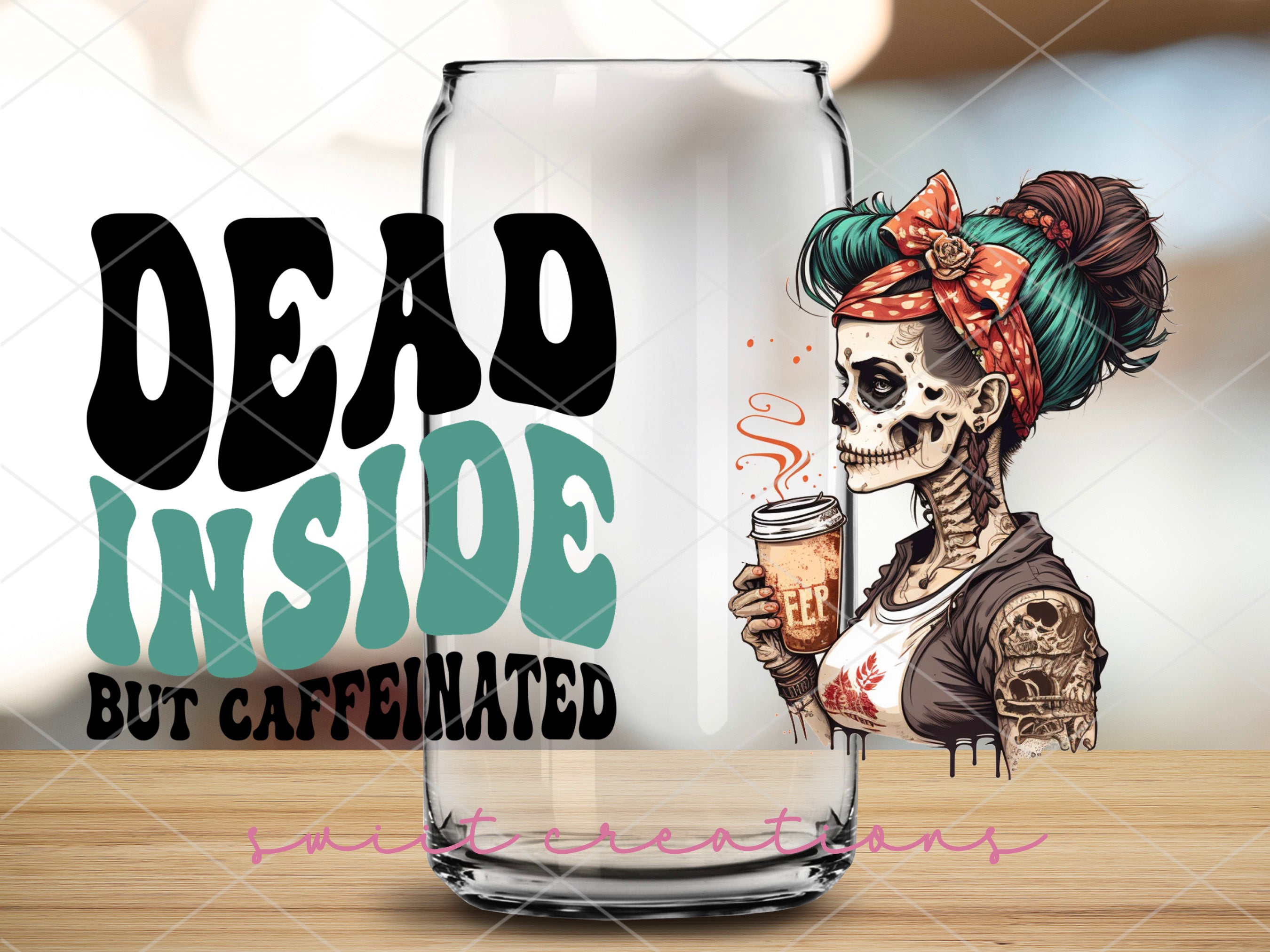 a glass with a skeleton holding a cup of coffee