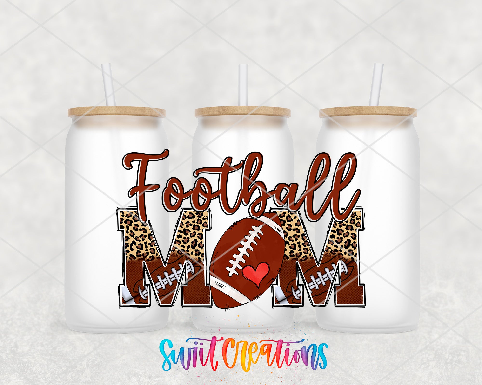 three white cans with the text "Football Mom" printed on them, along with leopard print accents.