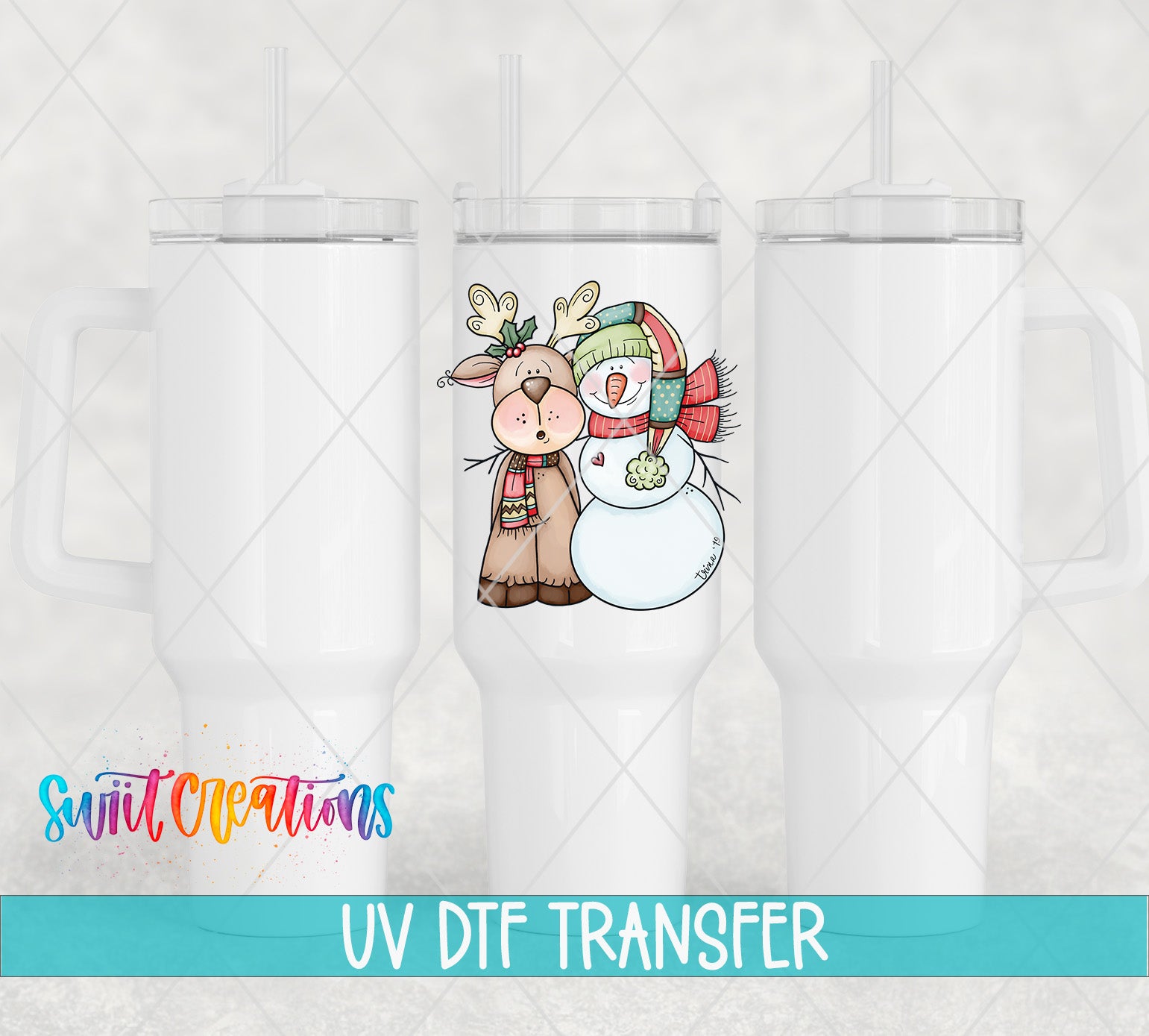 three white tumblers with a colorful illustration of a reindeer and a snowman on the front of each one.
