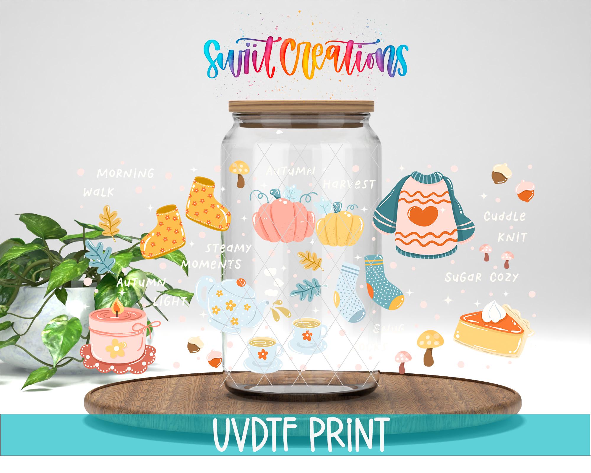 The image is a colorful illustration featuring a glass jar filled with various fall-themed items, such as pumpkins, leaves, and a sweater, surrounded by whimsical illustrations of a plant, a cup, and a pie.