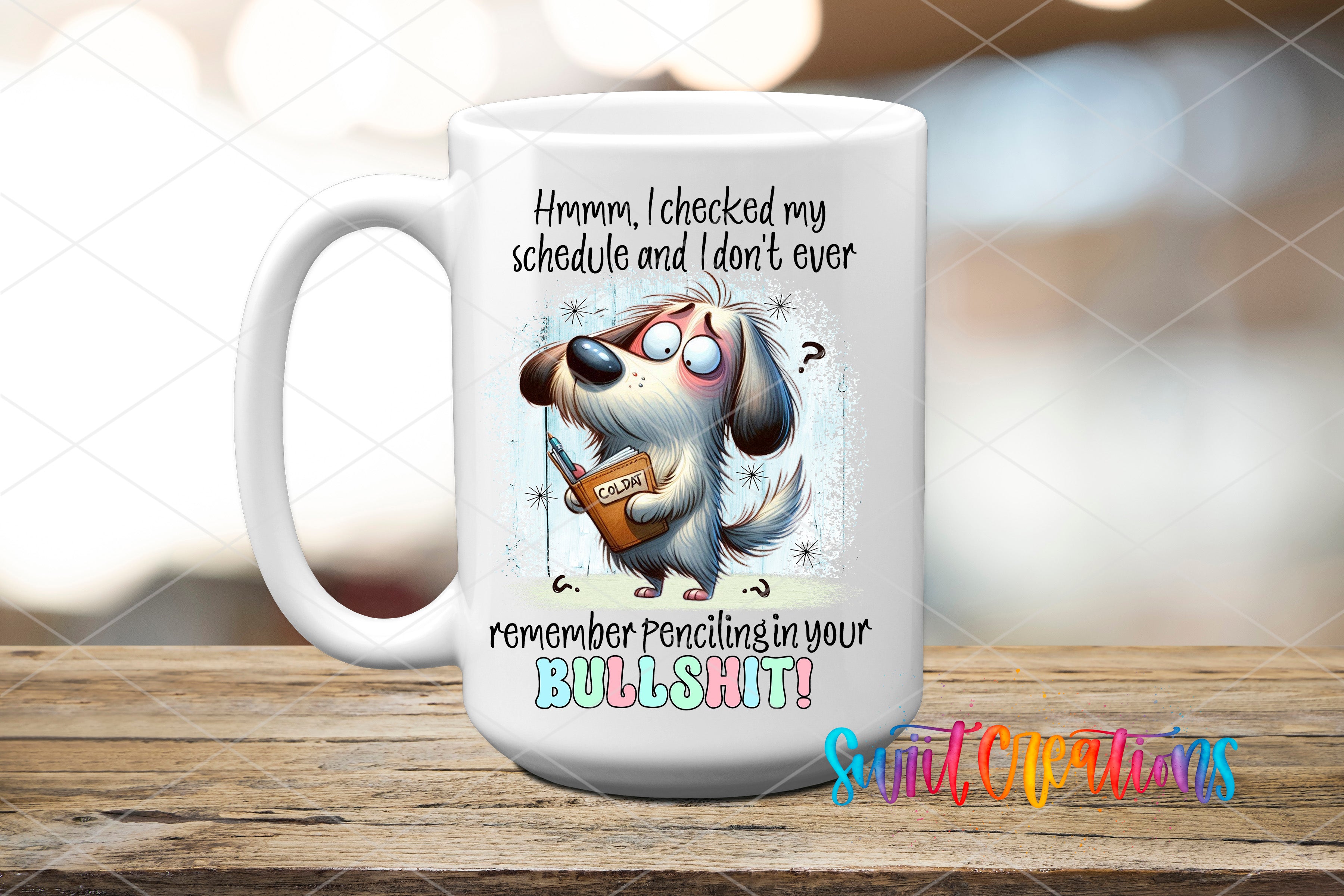 a white coffee mug with a cartoon dog on it