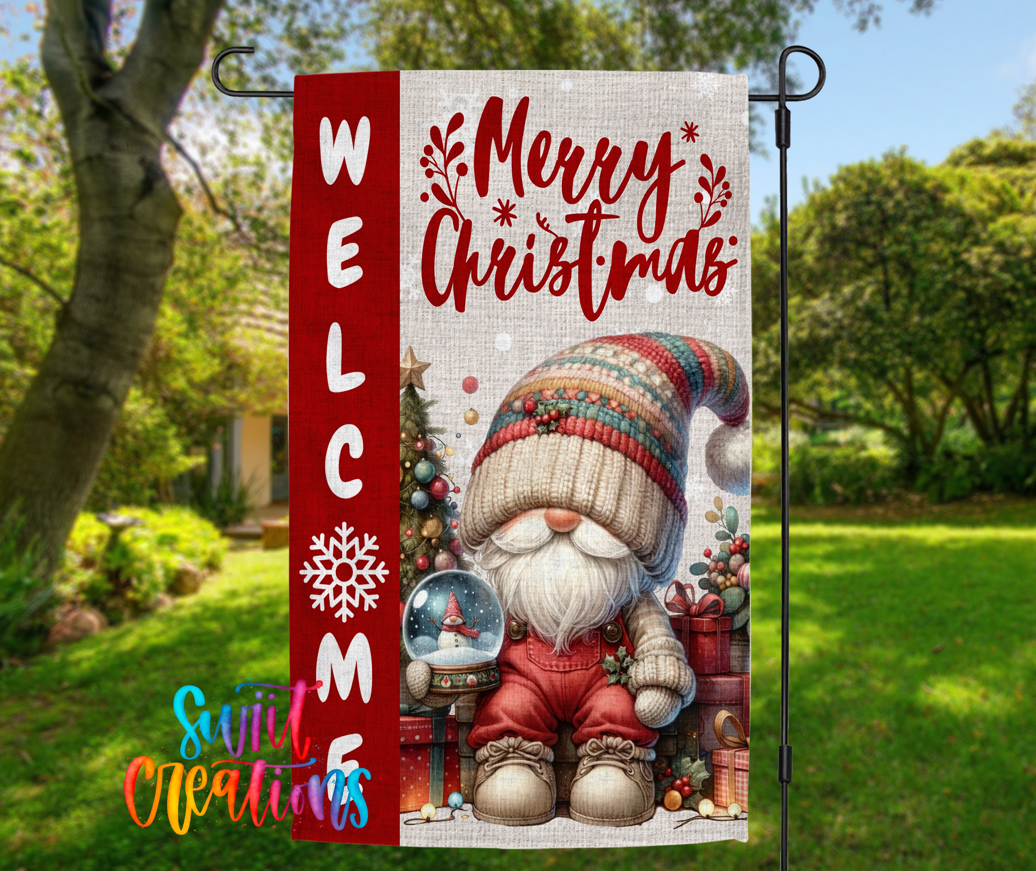 A colorful welcome sign featuring a gnome wearing a red and white striped hat, surrounded by Christmas decorations and a snow globe.