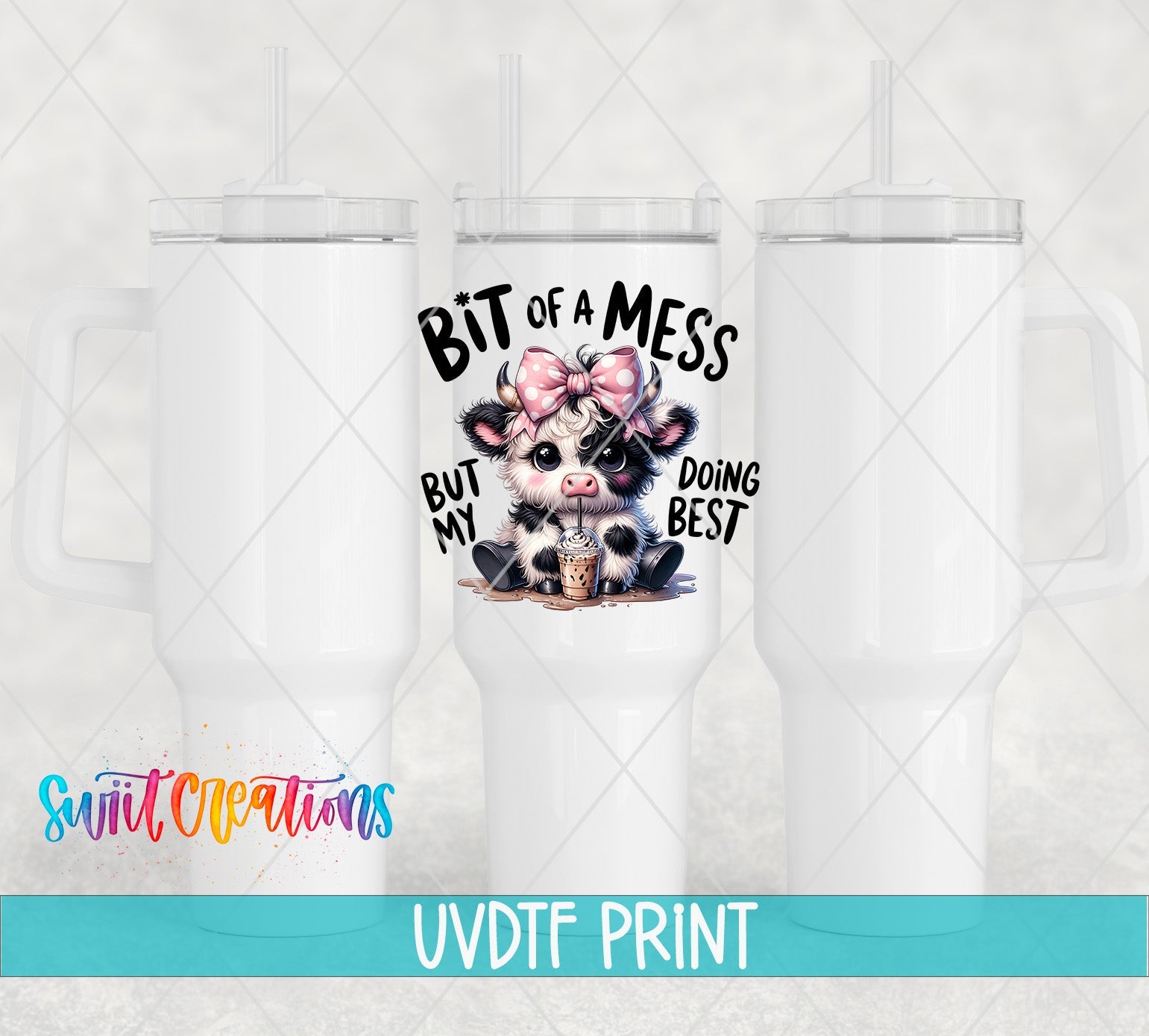 a white tumbler with a picture of a cow on it