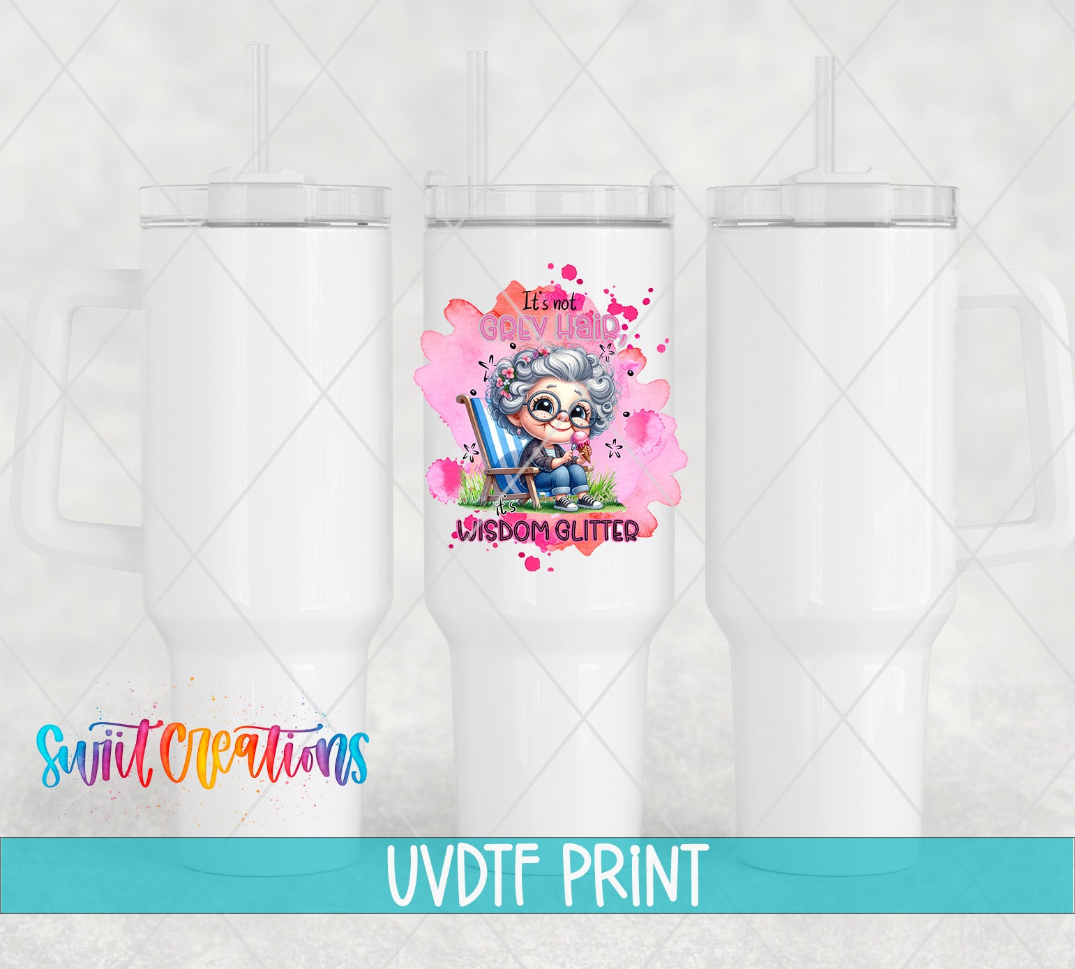 three white tumblers with a colorful and whimsical design on the front, including a cartoon character and text.