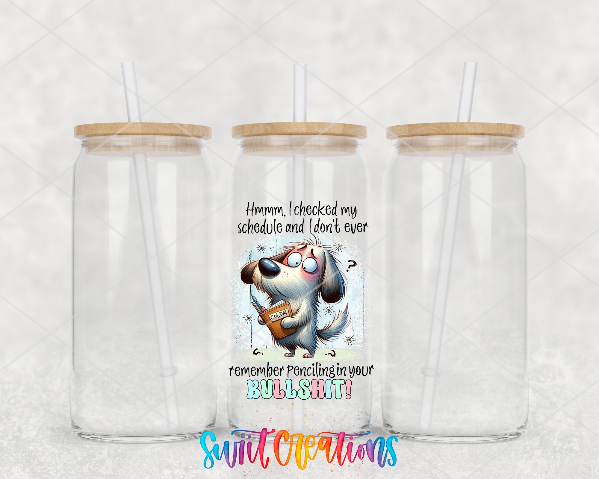 two clear tumblers with a picture of a dog holding a guitar