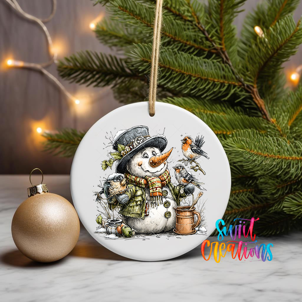 A snowman ornament with a bird perched on its head, surrounded by pine branches and a gold ornament, with a Christmas tree in the background.