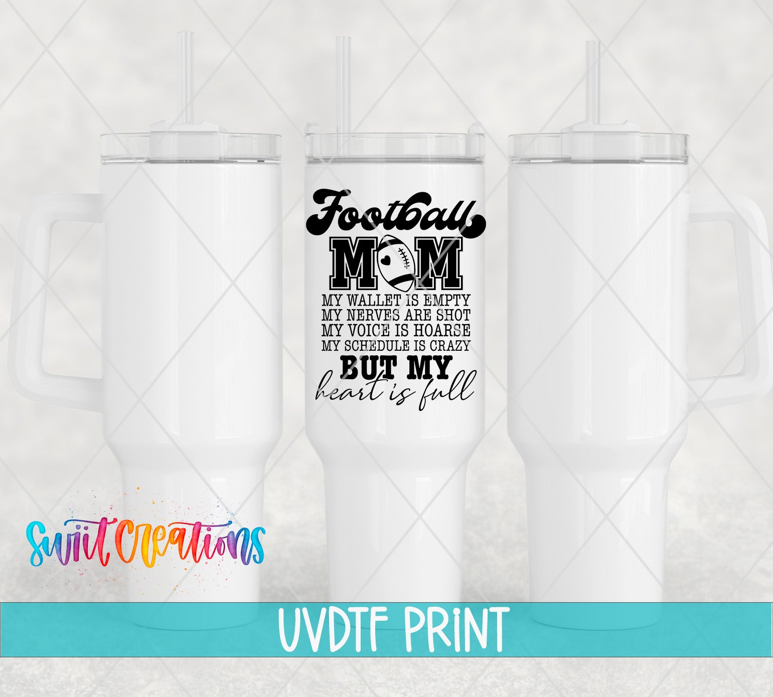 three white tumblers with the words football mom and a picture of a football player