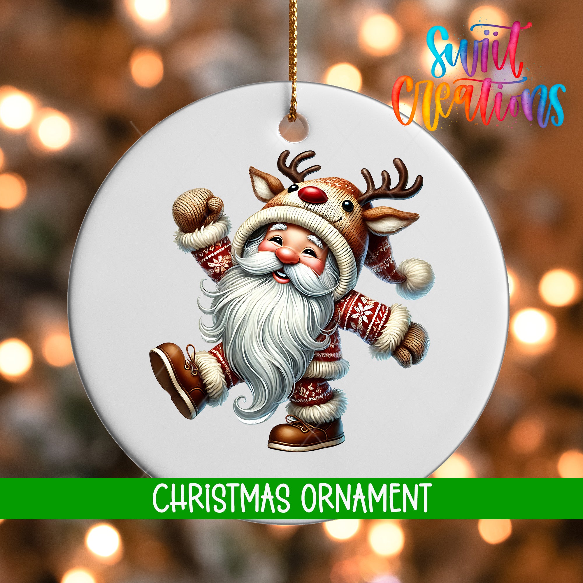 A white Christmas ornament featuring a smiling reindeer character wearing a Santa hat and coat.