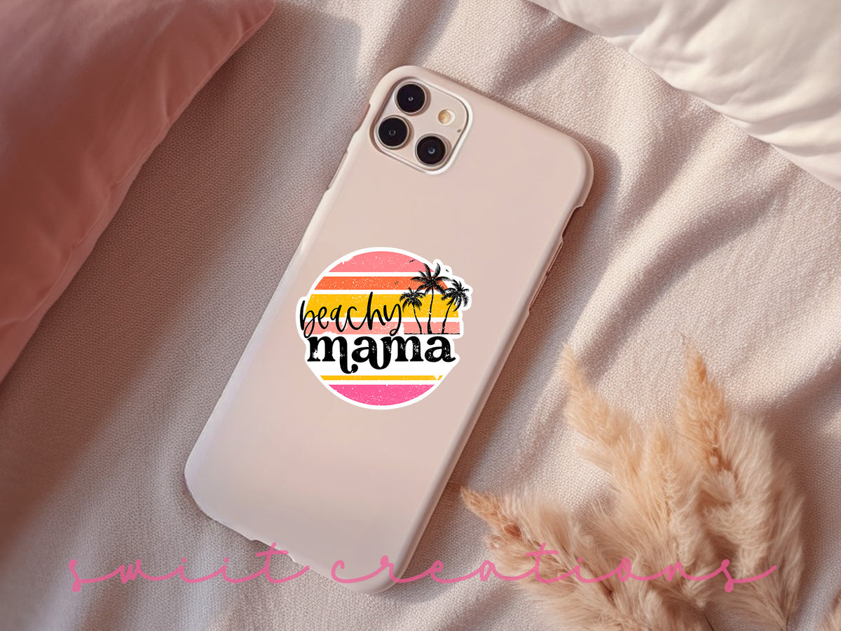 Beachy Mama sticker on a pink phone case