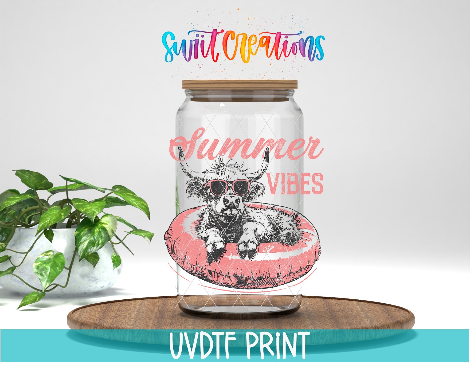 A glass jar with a cartoon cow wearing sunglasses and resting on a red inner tube, placed on a wooden surface.