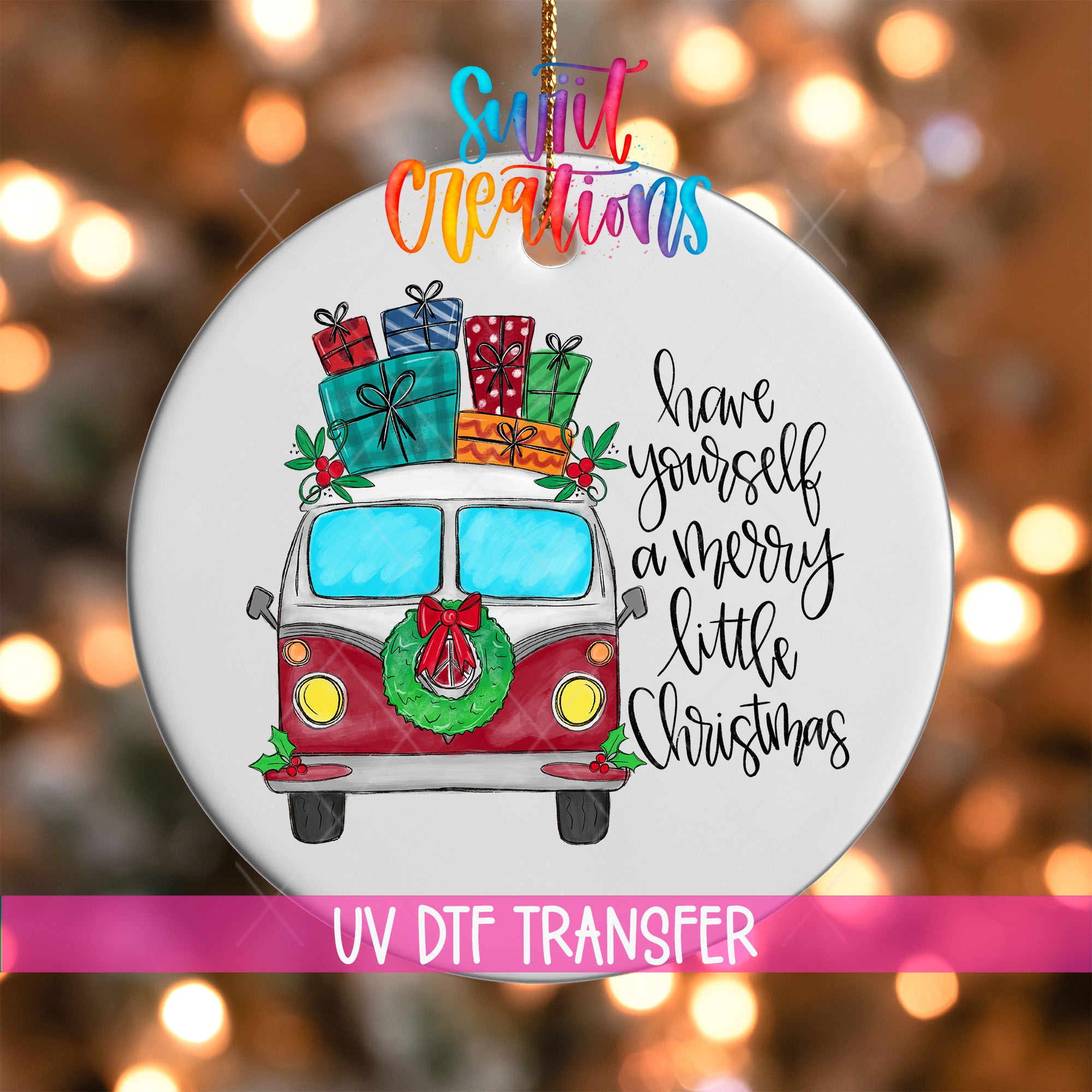 A Christmas ornament with a red and white van decorated with a wreath and presents, along with a message that says "Have yourself a merry little Christmas".