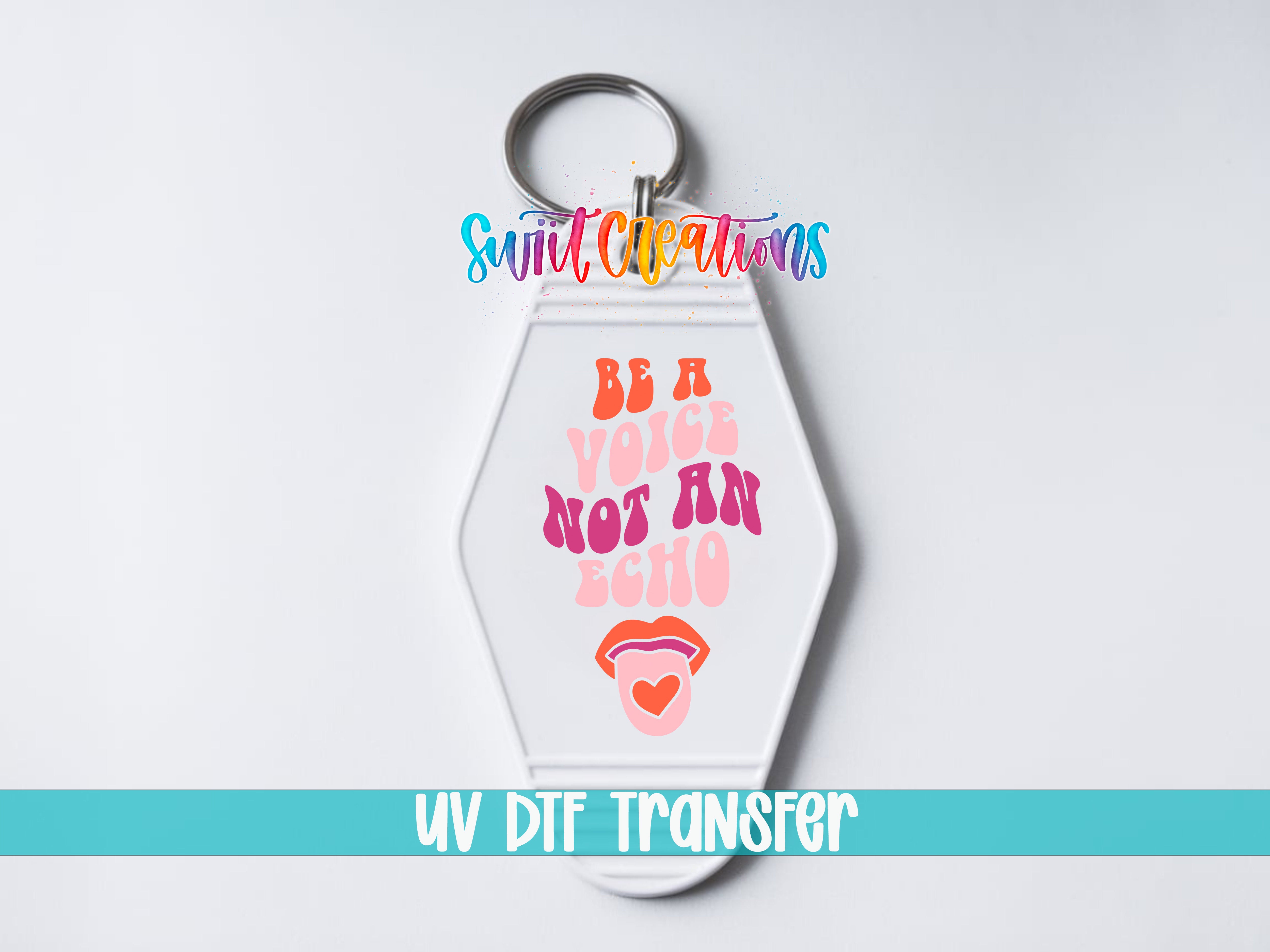 A keychain with a colorful design and text on it.