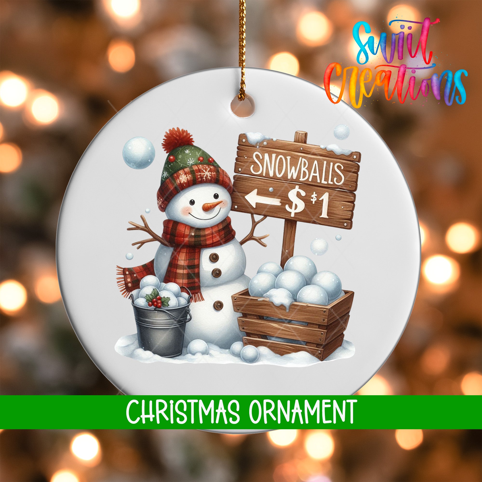 A snowman holding a sign that says "Snowballs $1" and a basket of snowballs, with a wooden signpost and a bucket of snowballs nearby. The background is blurred with Christmas lights, creating a festive atmosphere.