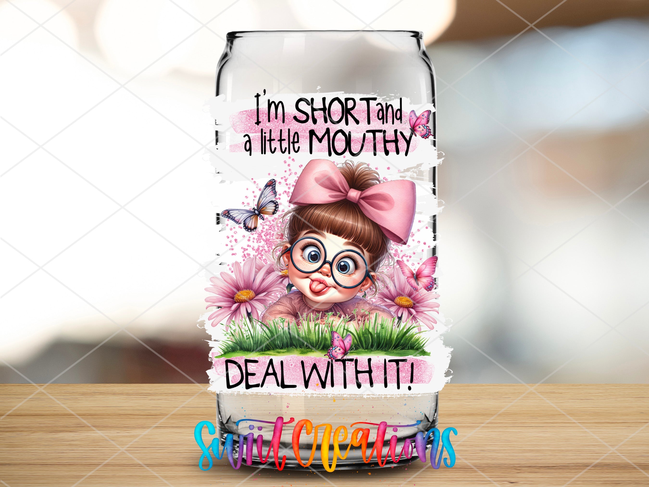 a can with a picture of a girl with glasses on it