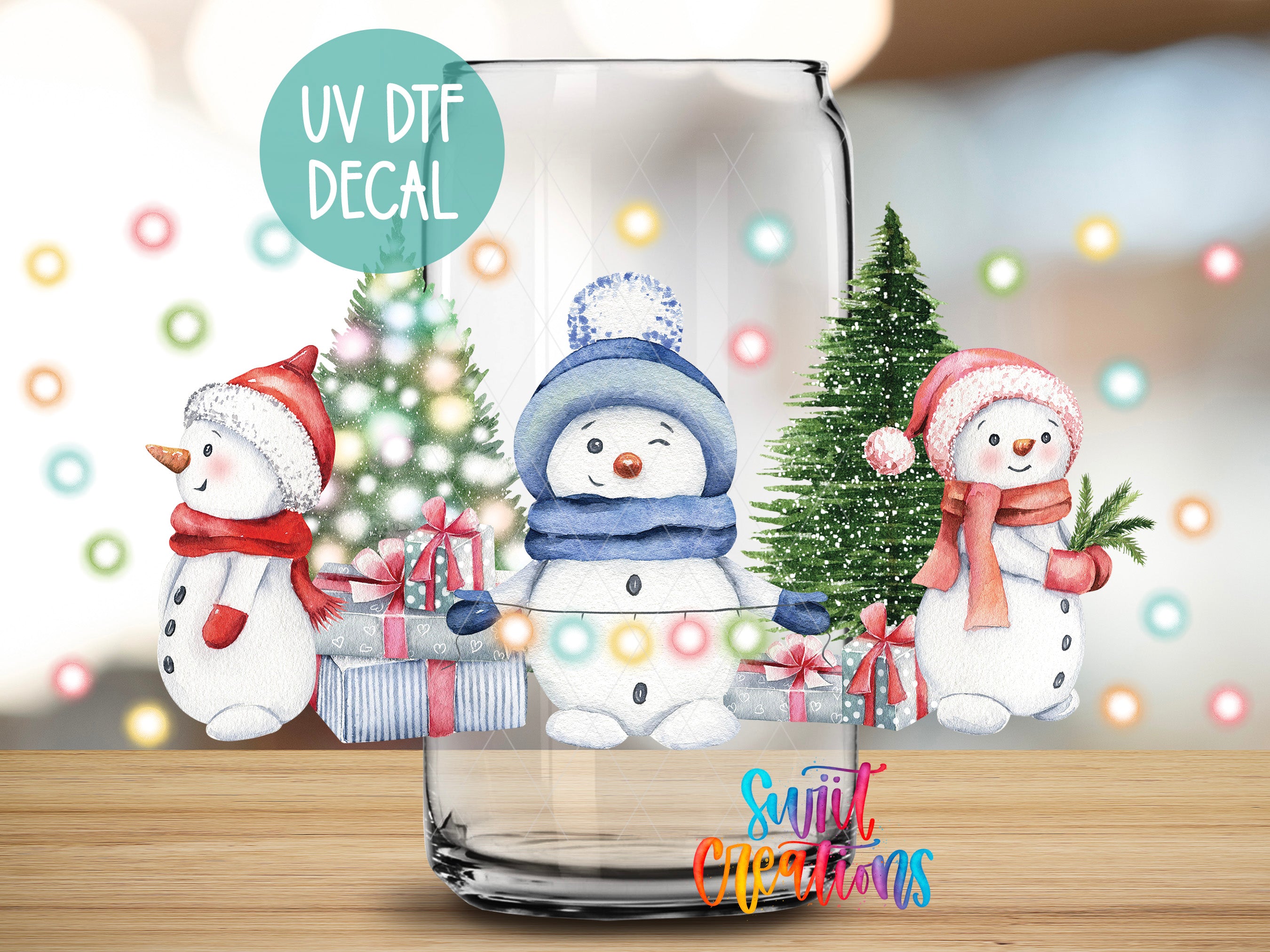 A glass jar with a winter scene featuring three snowmen and a Christmas tree, along with the text "UV Dtf Decal" and "Sunlit Christmas" printed on it.