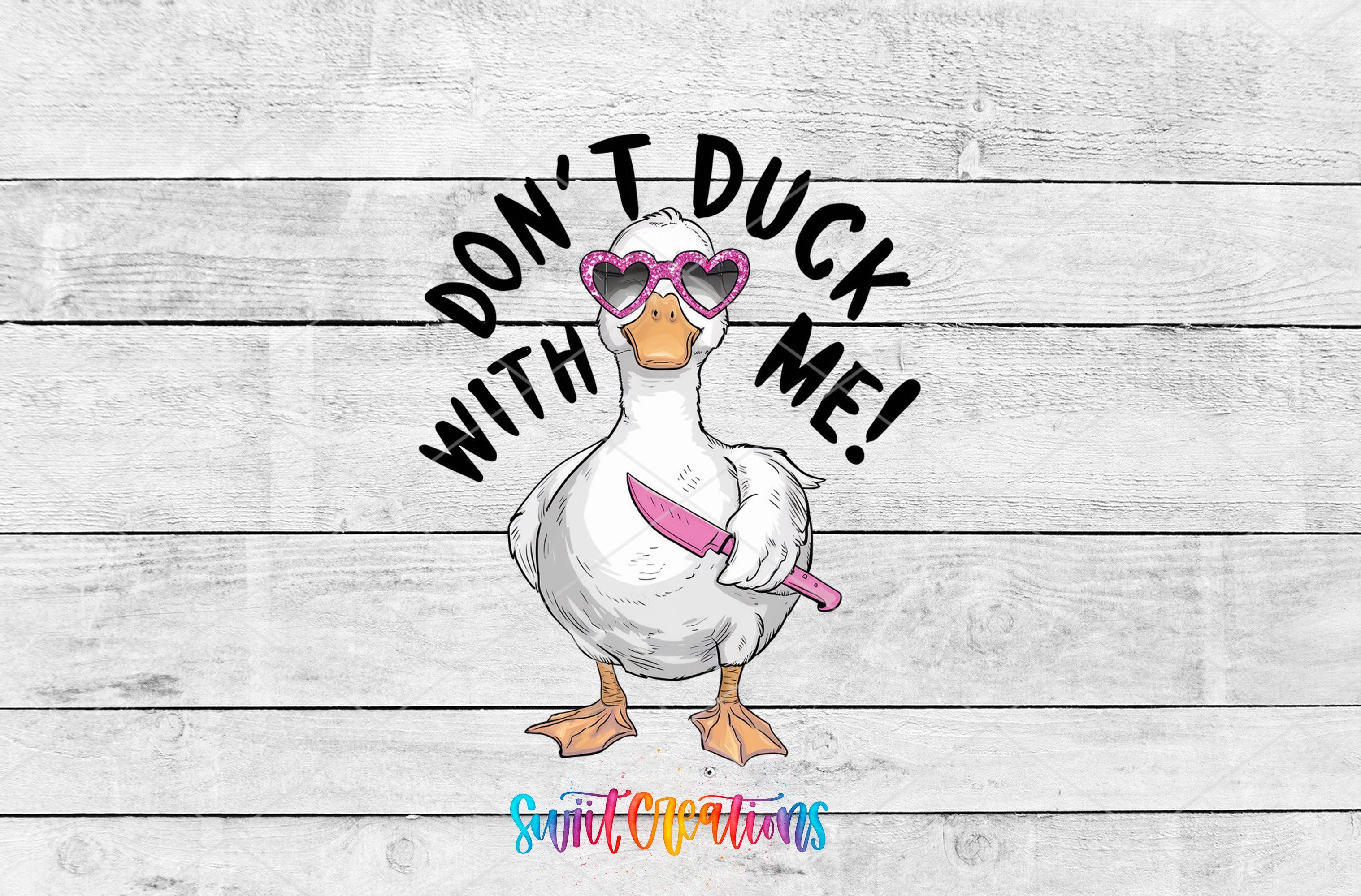 a white duck with sunglasses and a pink pen
