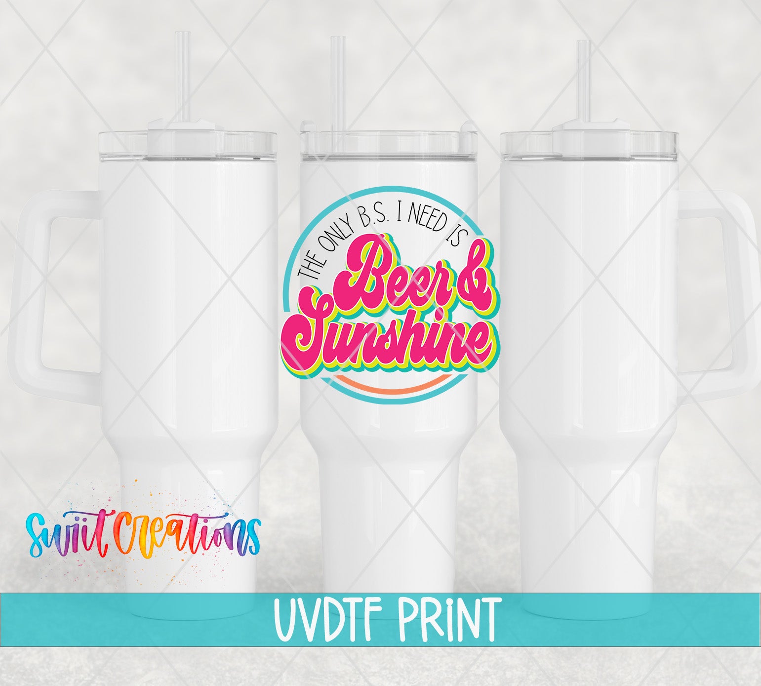 three white tumblers with the words beer and sunshine on them