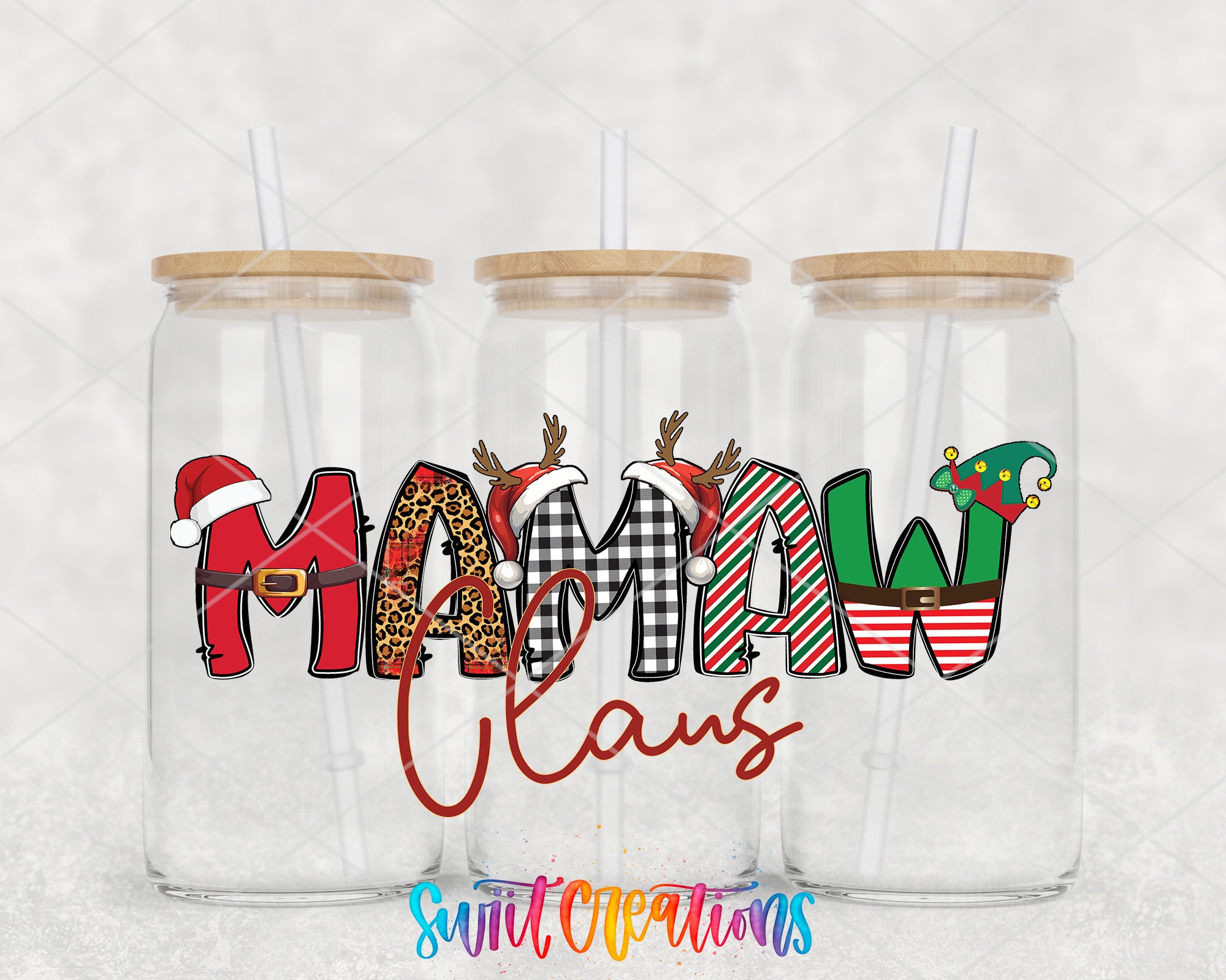 a couple of glass jars filled with christmas decorations