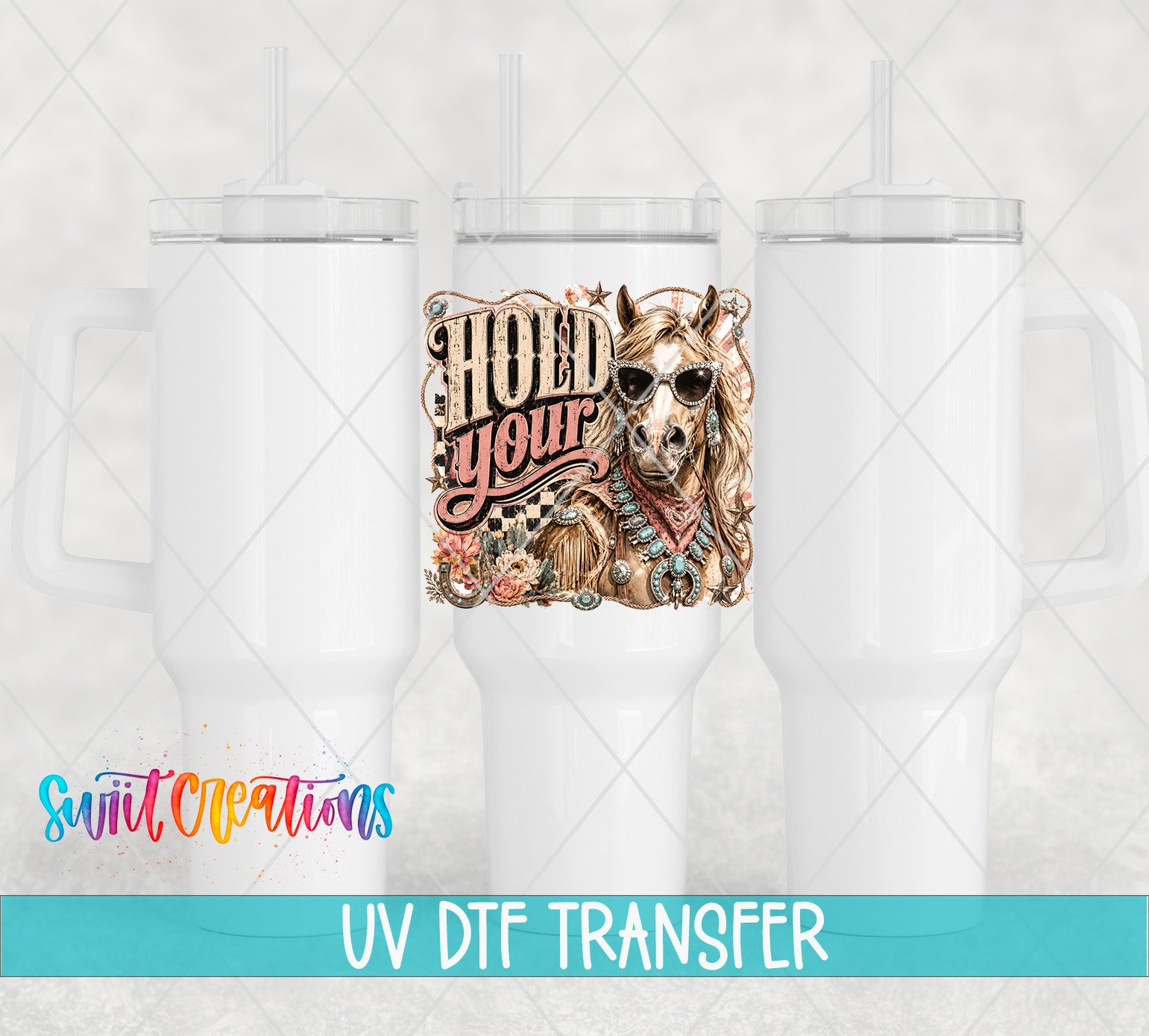 three white tumblers with a colorful graphic design on the center one, which includes a horse and sunglasses. The text "UV Dtf Transfer" is displayed below the image.