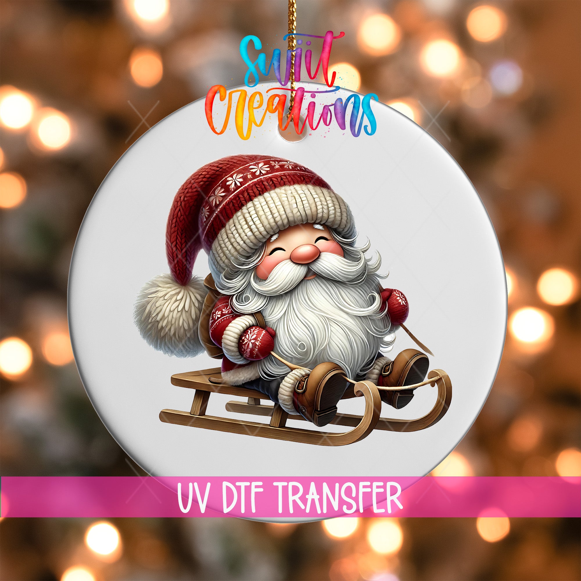 A Santa Claus ornament with a red hat and beard is depicted on a sled, set against a background of colorful lights.