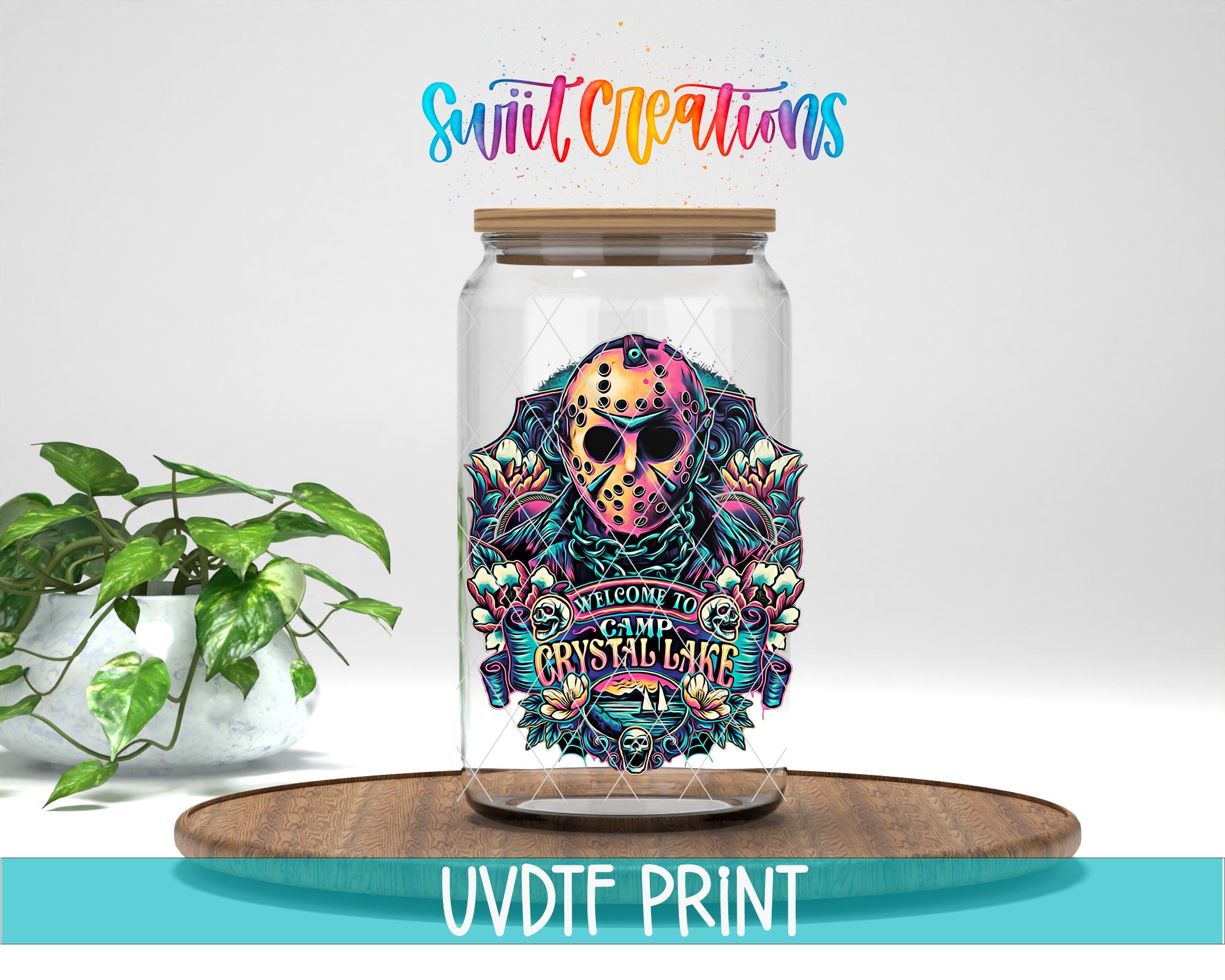 a glass jar with a colorful sugar skull on it