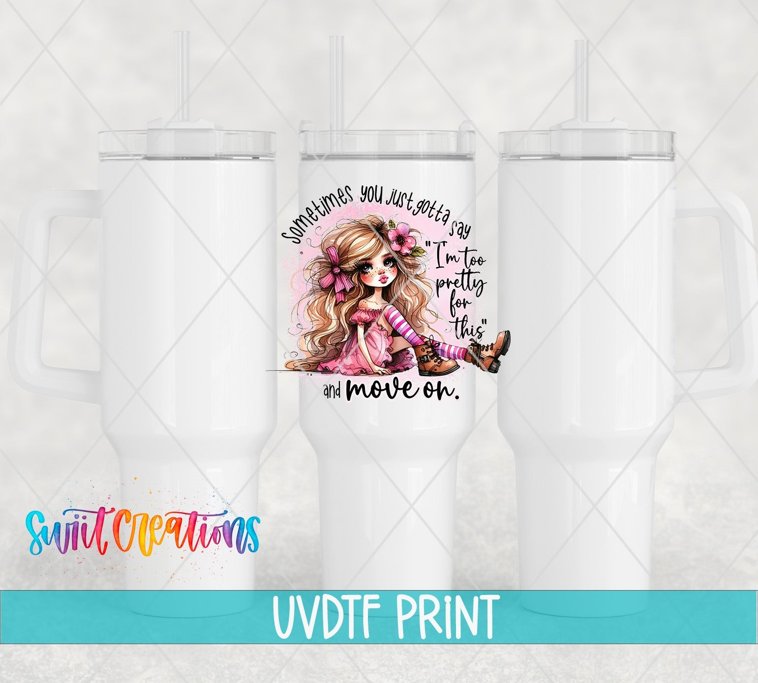 a white mug with a picture of a girl on it