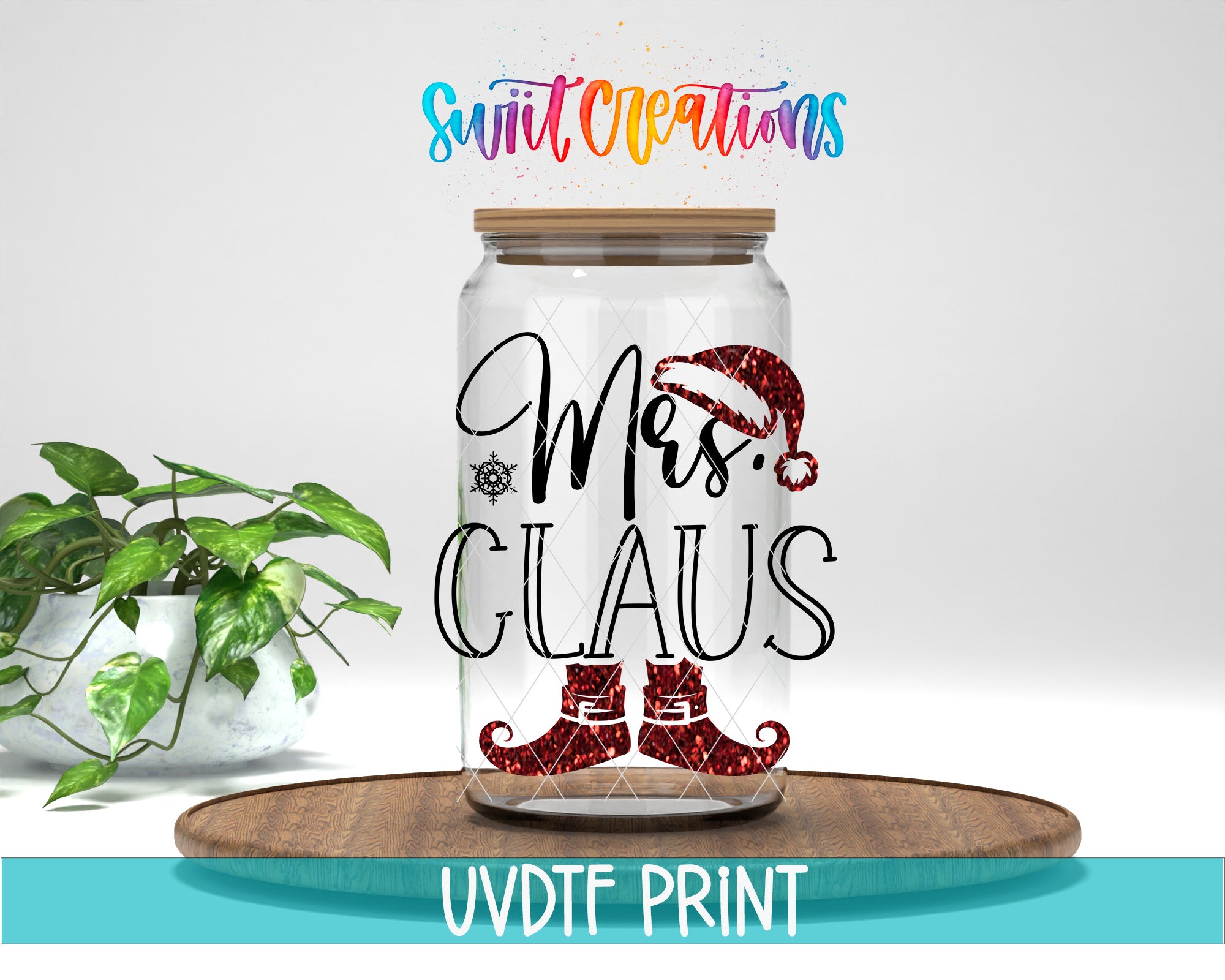 a glass jar with a santa clause on it